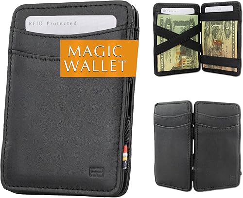 Hunterson Cartera mágica, cartera minimalista para hombres con tarjetero RFID, cartera de cuero para 8 tarjetas, 01 Negro, Cartera Rfid