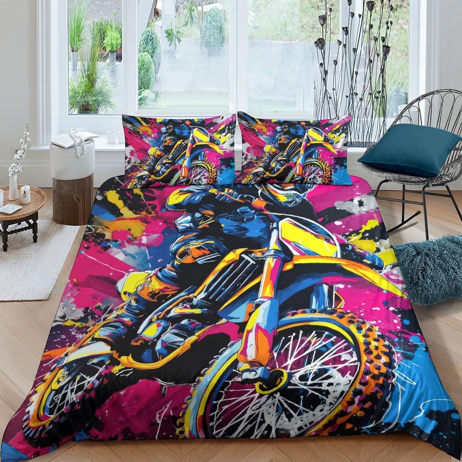 Ctjqhvkz Style-7 3D Printed Motocross Graffiti Fitted Sheet Microfiber Soft Colourful Bike Bed Cover For Bedroom Dorm Decor Protection Single（135X200cm）