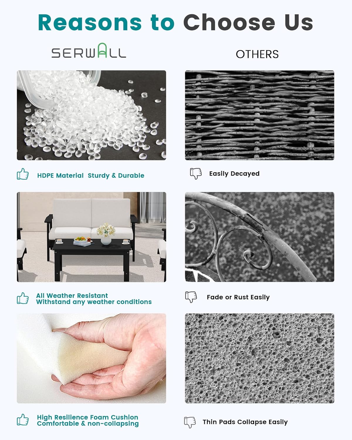 SERWALL Outdoor Patio Furniture Set, 5 Piece HDPE Patio Conversation Sets, All-Weather Wood-Like Outdoor Couch Loveseat and Coffee Table with Thick Cushions for Porch Balcony Garden Backyard