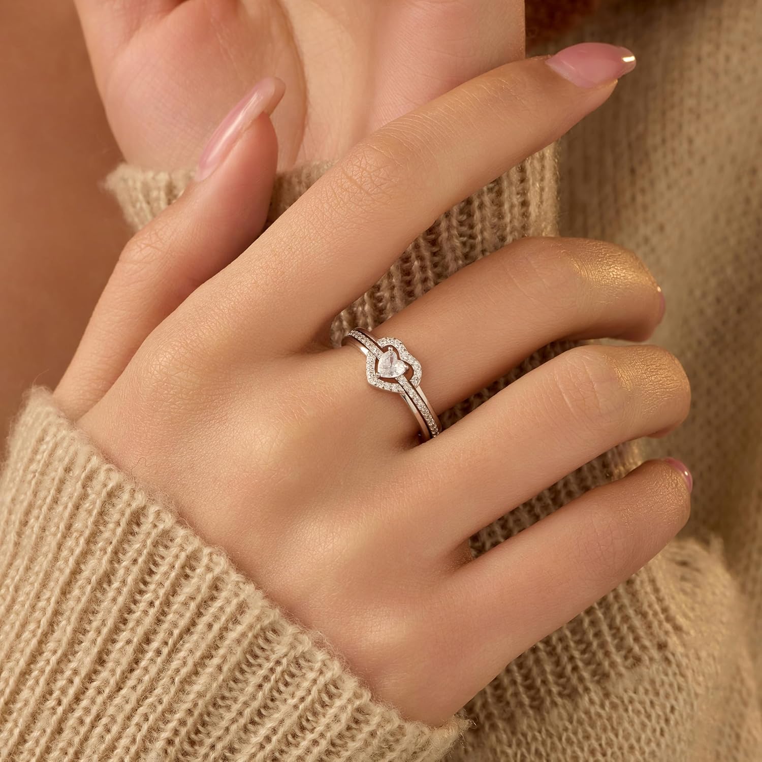 Stackable Heart Rings for Women 925 Sterling Silver Mother Daughter Rings Set for 2 Friendship Rings Promise Rings for Her Cubic Zirconia Eternity Engagement Wedding Band Ring Jewelry - Image 5