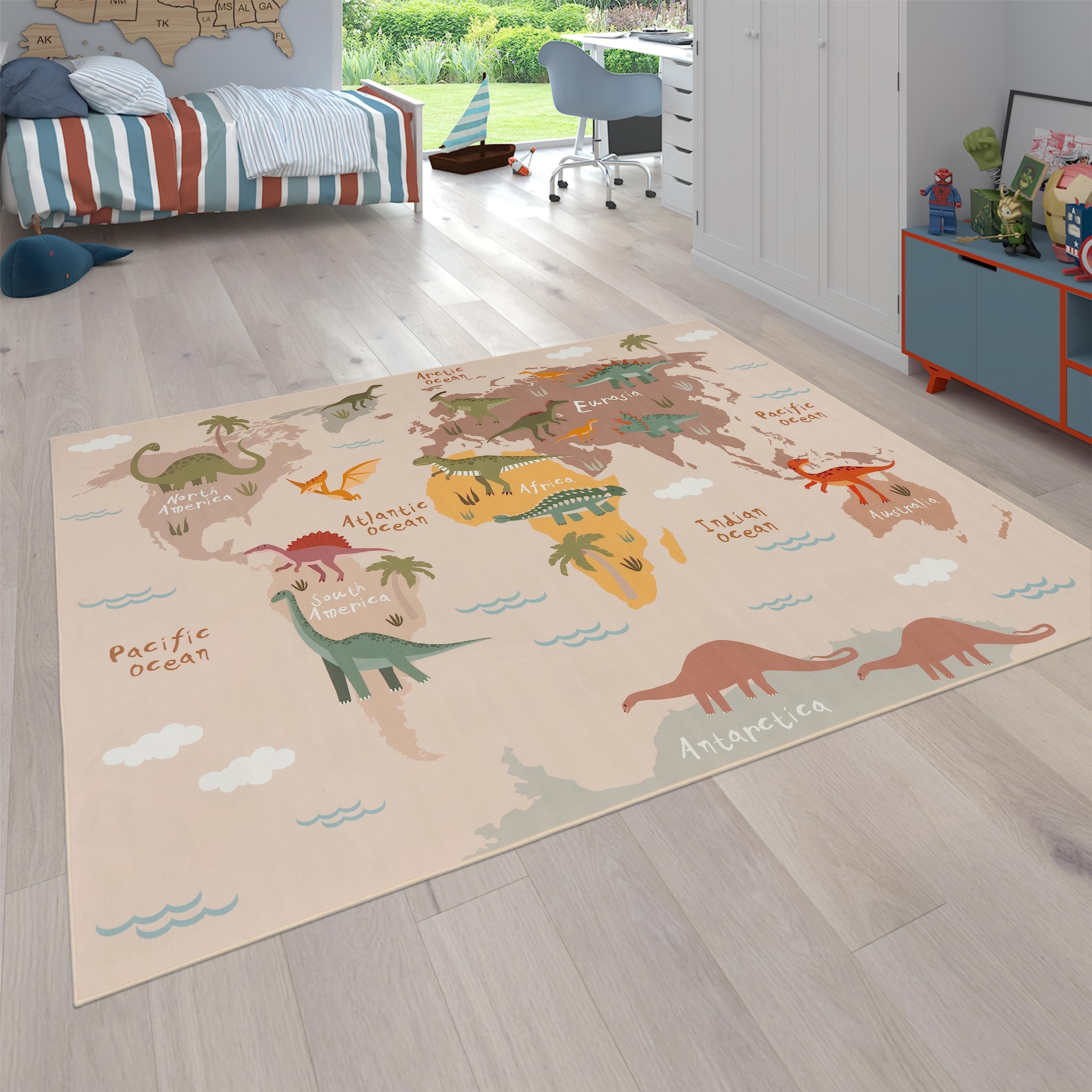 Paco Home Teppich Kinderzimmer Kinderteppich Junge Mädchen Spielteppich Dinosauriert Welt Motiv rutschfest Modern Beige Braun Grün, Grösse:200x290 cm