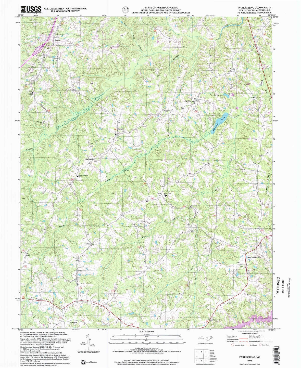 YellowMaps Park Spring NC topo map, 1:24000 Scale, 7.5 X 7.5 Minute, Historical, 2002, Updated 2002, 26.7 x 21.9 in - Polypropylene