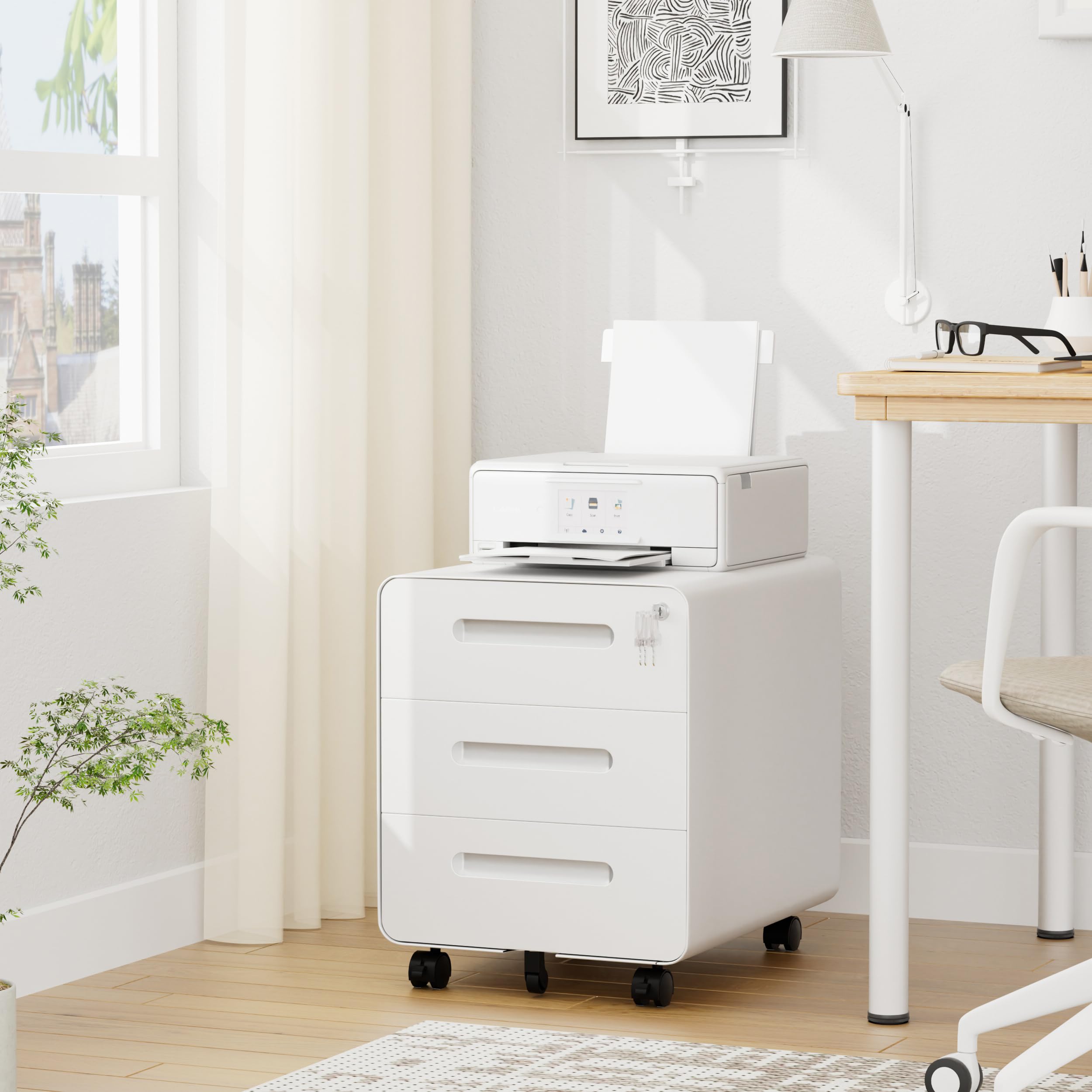 Cassettiera per Ufficio con 3 Cassetti, Design con Angoli Arrotondati, Schedario da Ufficio Bloccabile, Completamente Assemblata, Bianco