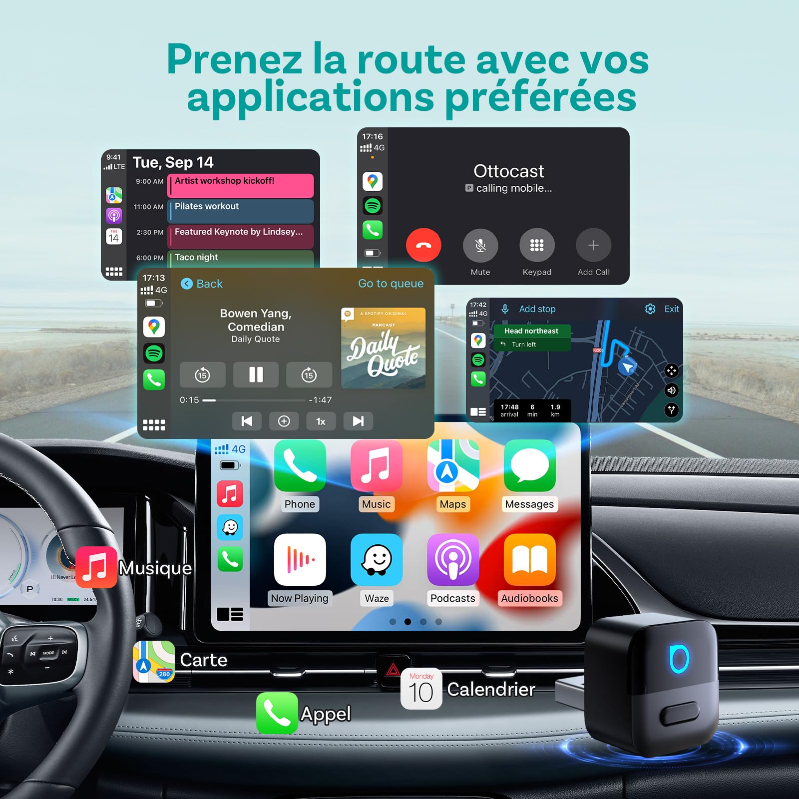 (2026 Nouveau) OTTOCAST 2 en 1 sans Fil Adaptateur CarPlay & Android Auto, Ottocast Mini Pico avec Déconnexion en Un Seul Appui, BT 5.4, Plug & Play pour Voitures avec CarPlay/Android Auto d’Origine