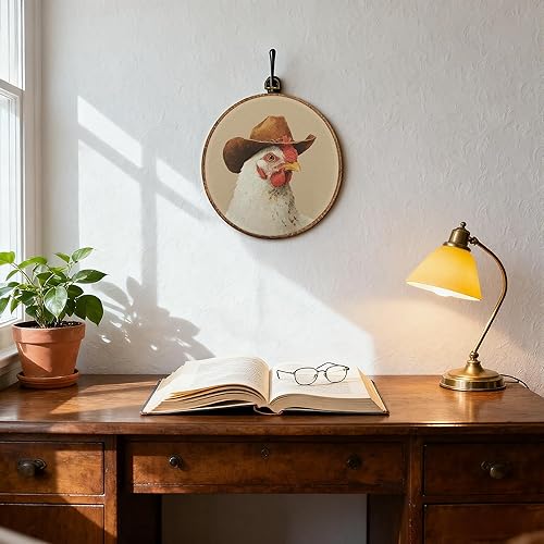 Miniatura 4 de DOFQZ Decoración de pared redonda de pollo occidental, arte de pared enmarcado del suroeste de campo, lienzo retro de pollo vaquero para colgar en