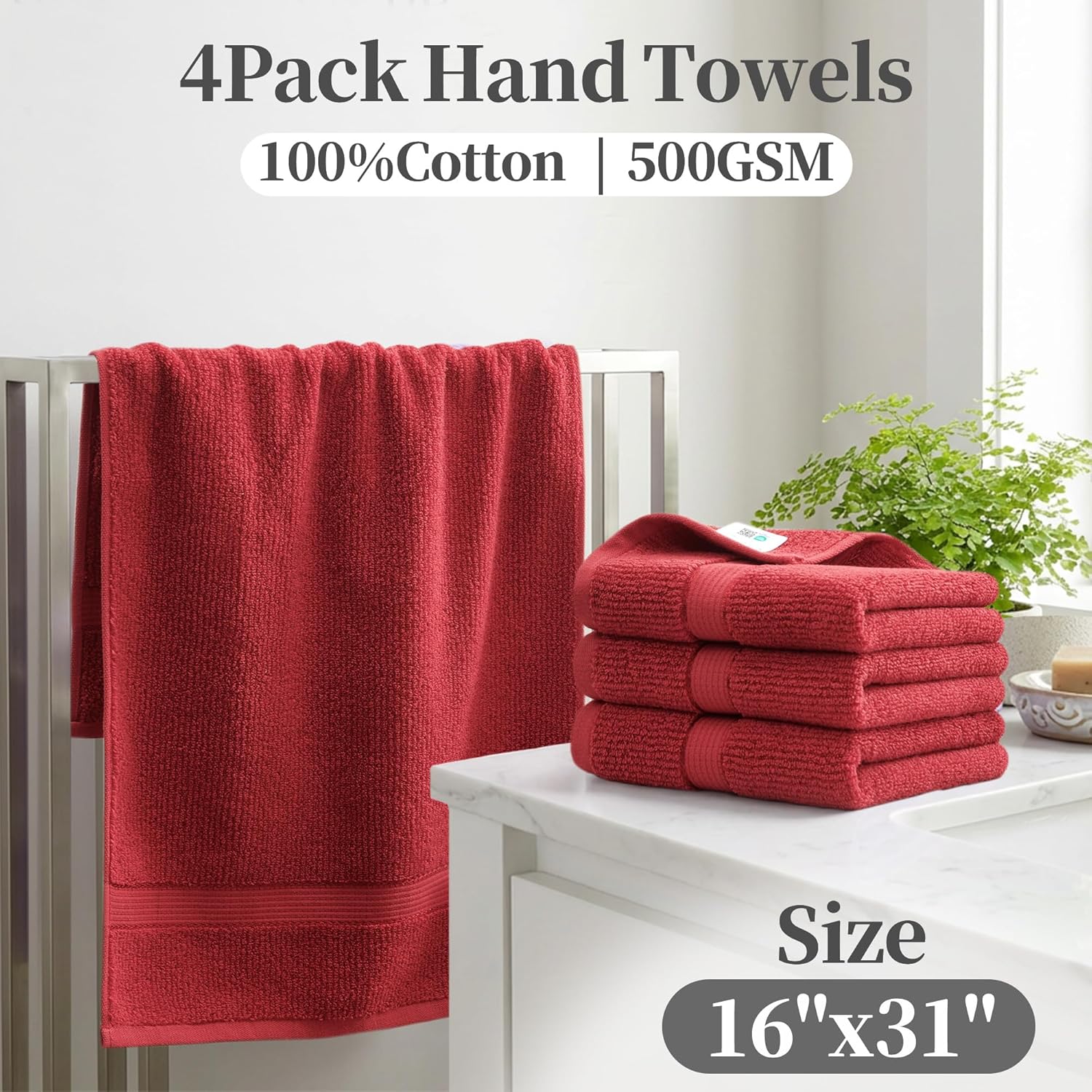 VOOVA & MOVAS Highly Absorbent & Quick-Dry Hand Towel 4-Pack, Soft Thick 100% Cotton - 32"x16" 500GSM Towels for Bathroom, Face, Shower, Gym, Hotel, Red