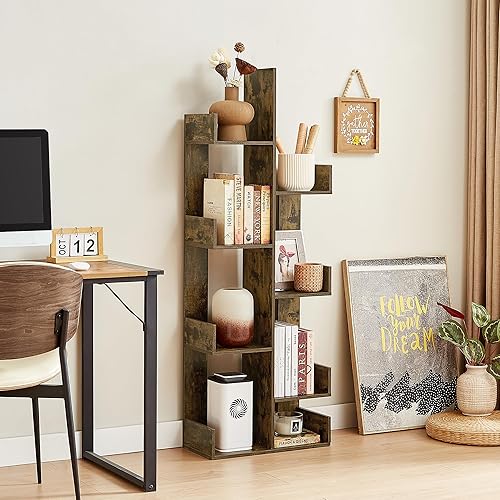 Miniatura 6 de VECELO Estantería de árbol geométrica de 8 estantes de madera, estante organizador de estantes en forma de árbol para libros, revistas, CD y