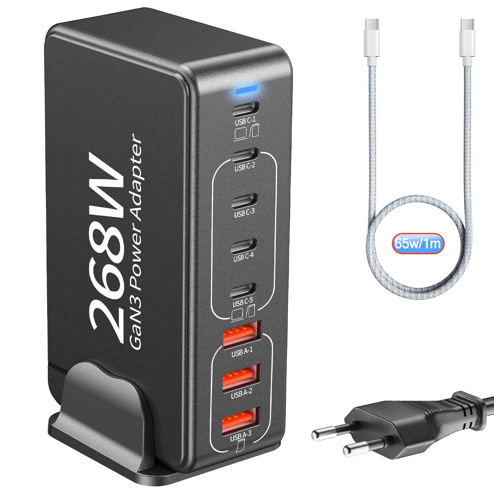 Ablink Caricatore USB C Multiplo 268W, GaN III 8-Port USB-C/A PD 100W PPS&QC4.0 Stazione di Ricarica Type C Multipla Compatta per iPhone 16/15, MacBook, Samsung, iPad, Viaggi e Casa