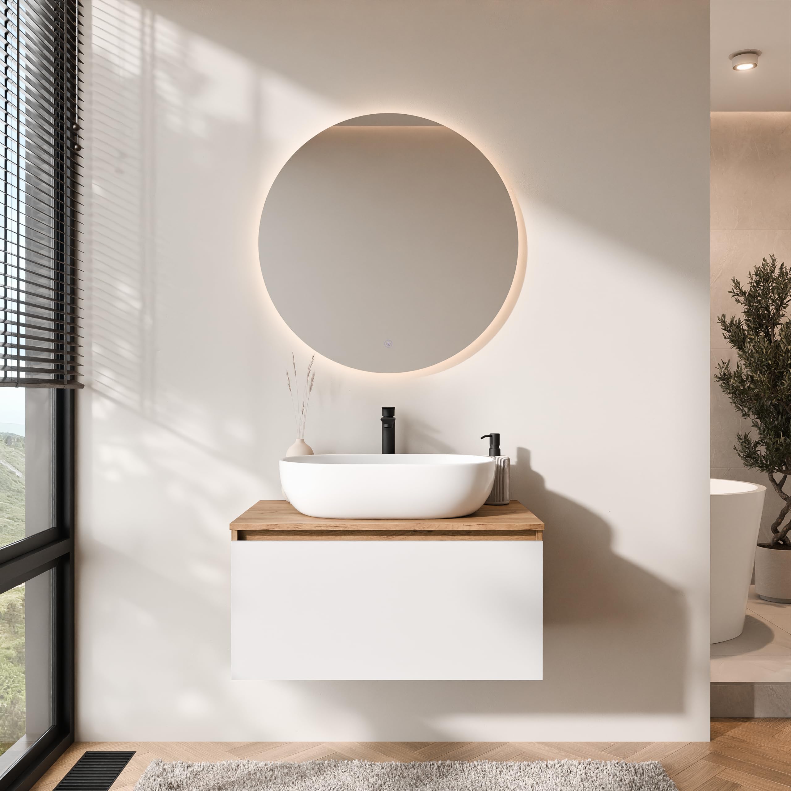 Planetmöbel Arisa Ensemble de meubles de salle de bain avec meuble bas 80 cm chêne doré blanc avec miroir Nova Lavabo 60 cm blanc + siphon d'économie d'espace