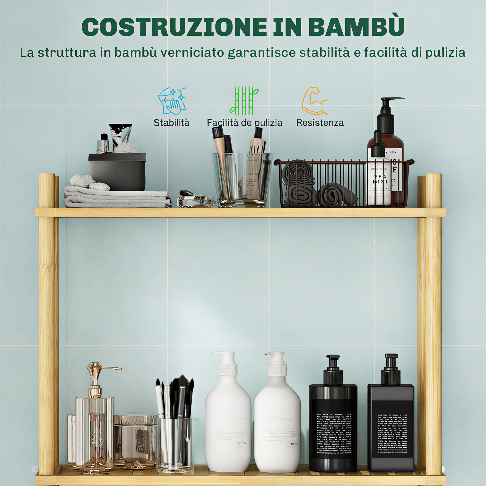 HOMCOM Scaffale da Bagno Sopra WC a 3 Ripiani, Mensola Portaoggetti Salvaspazio in Bambù, Mobile Sopra Lavatrice per Lavanderia con Piedini Regolabili, Colore Naturale