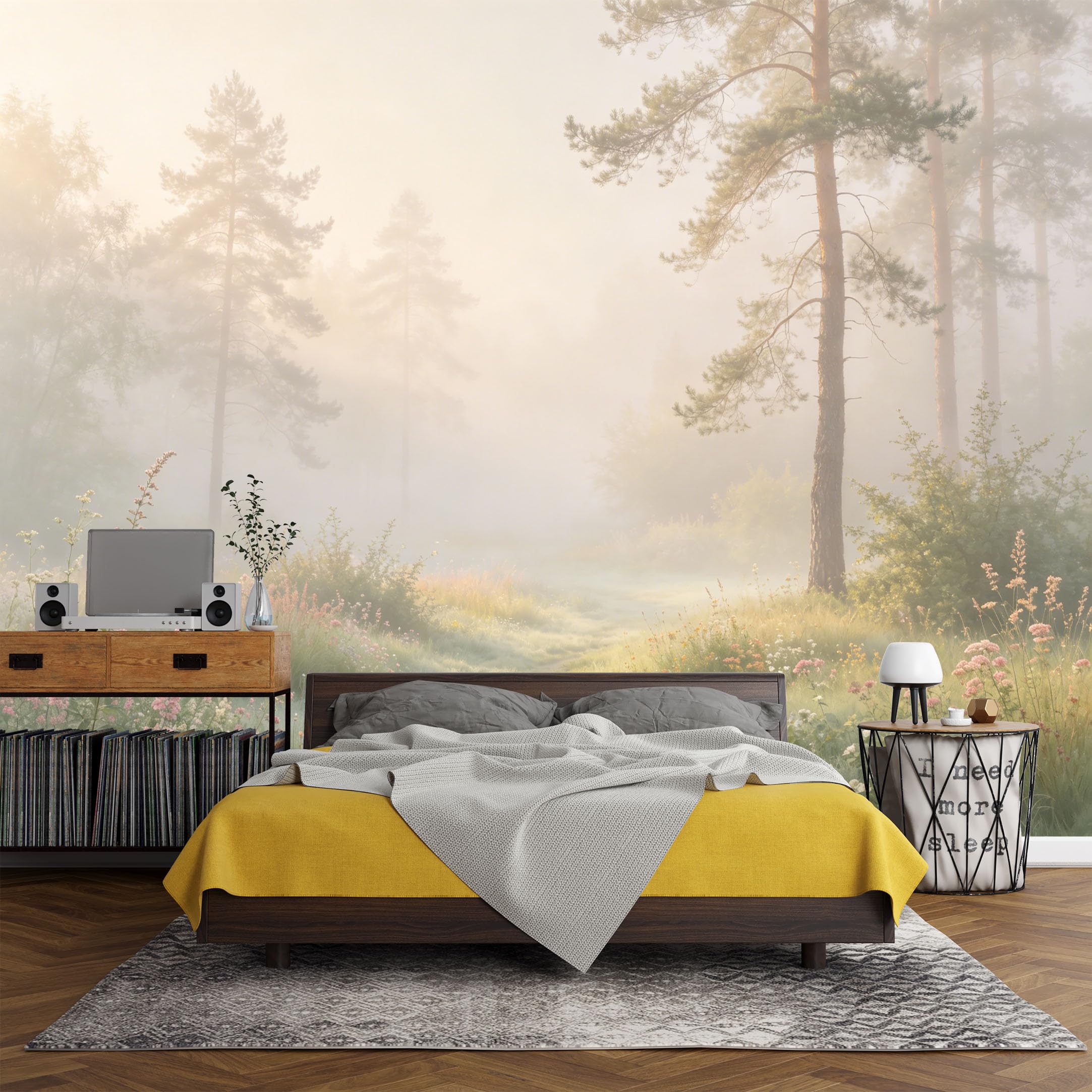 Custom Size Wall Mural， Forest Meadow Mist Sunrise Wildflowers Landscape，SelfAdhesive Art Prints wall Fabric (No PVC) Removable Wallpaper Living Room Decor