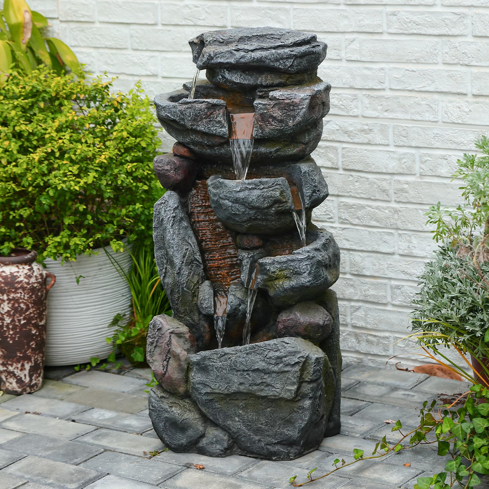 Bumilgar 5-stufiger Felsen-Springbrunnen für Innen- & Außenbereich, 80 cm hoher freistehender Garten-Brunnen mit Beleuchtung, Stein-Wasserfall für Terrasse, Balkon, Veranda, Wohnkultur, Grau