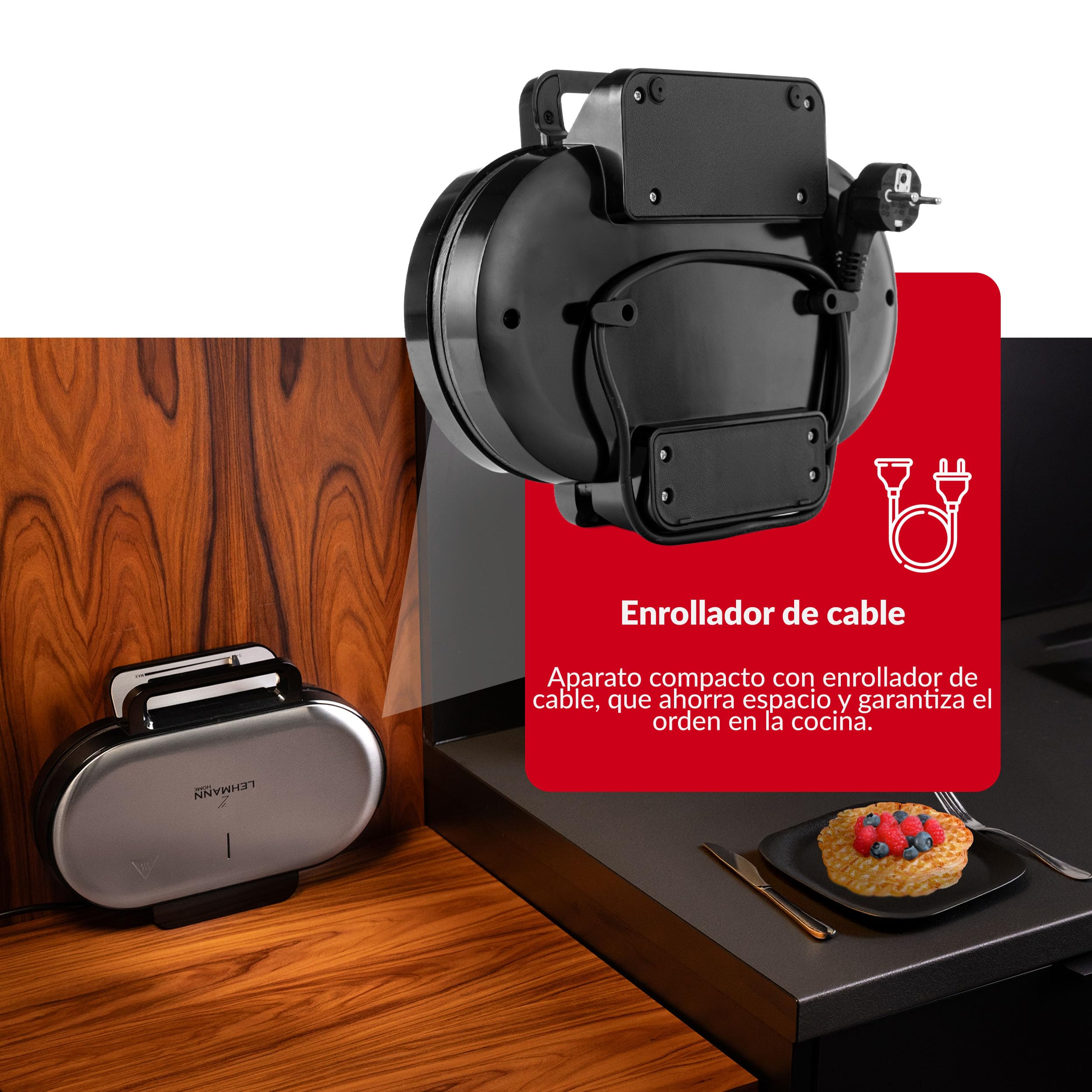 LEHMANN Gofrera Corazon Doble - Waffle Maker para 10 Gofres de Corazón Clásicos - Maquina de Gofres con 2 Superficies Antiadherentes - Control de Temperatura - 1200 W - Negro/Plateado