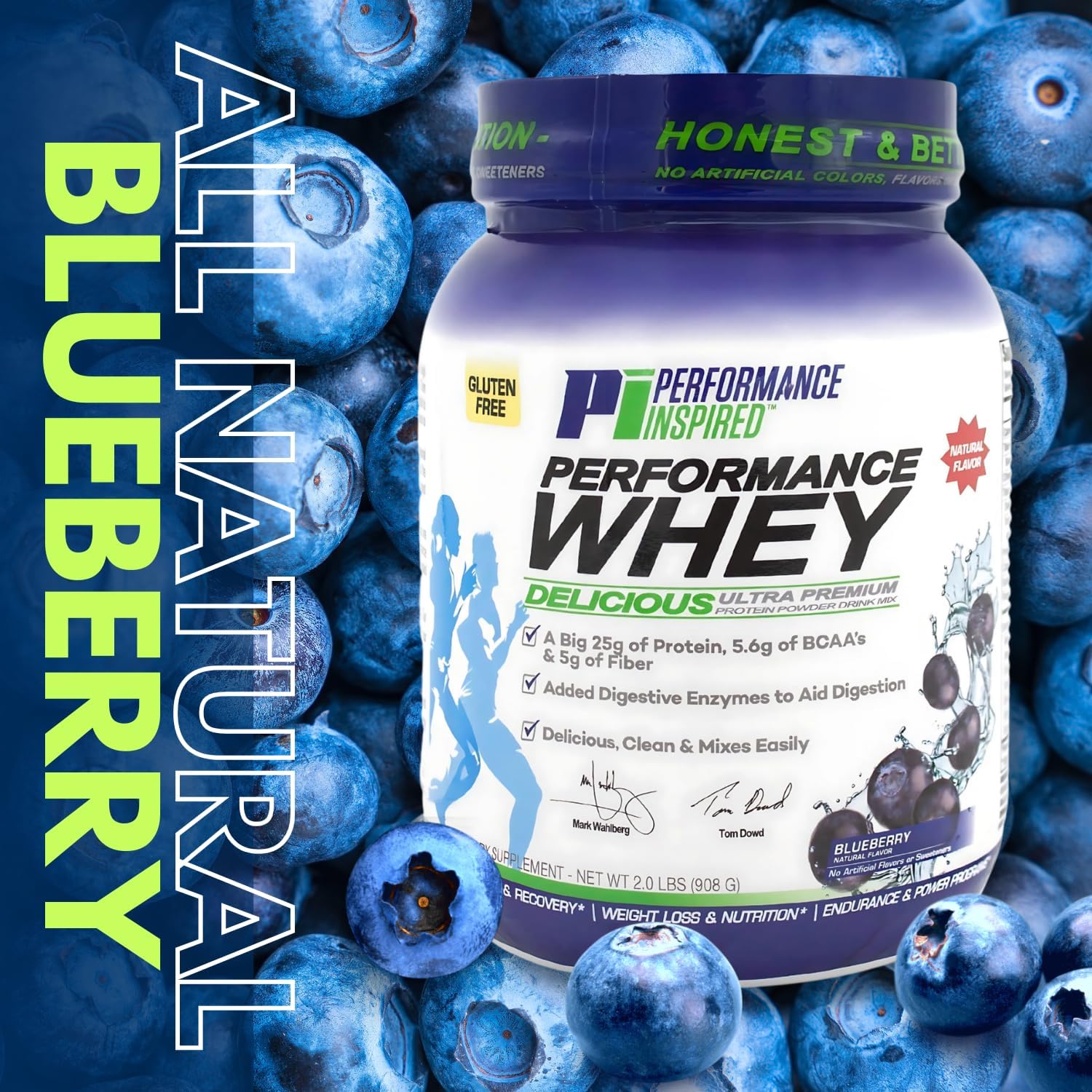 PERFORMANCE INSPIRED Nutrition WHEY Protein Powder – All Natural – 25G Protein – BCAAs – Digestive Enzymes – Fiber Packed – Blueberry – 2lb