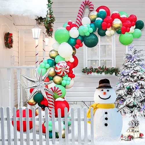 Miniatura 6 de CboDeco Kit de arco de guirnalda de globos de Navidad con globo rojo, verde oscuro, blanco, dorado, verde lima, globo de bastón, globo plateado