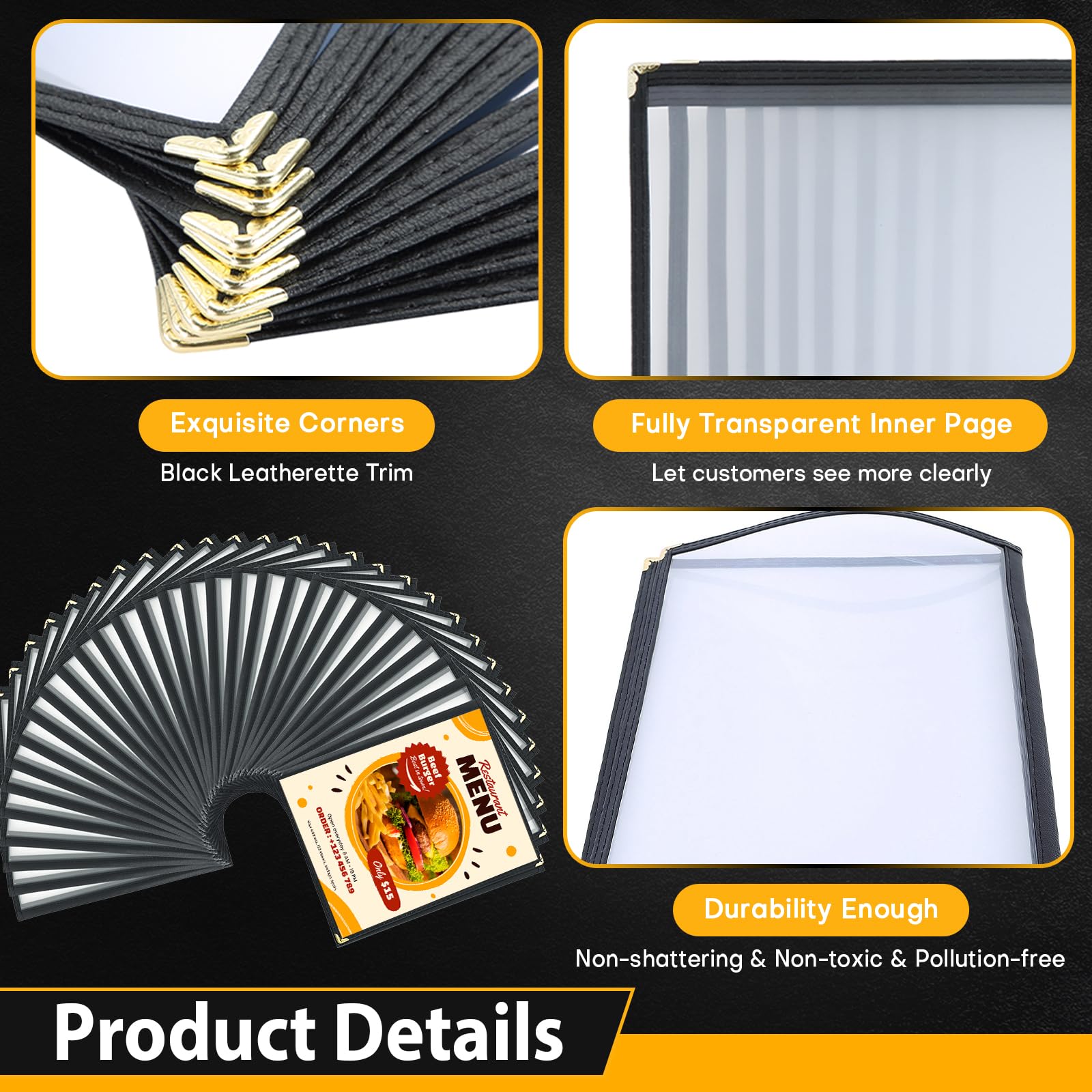 Cubiertas de menú de 8.5 x 11 pulgadas, paquete de 30 fundas transparentes para menú de restaurante para cocina, bebida, vino y menú, color negro (8.5 x 11 pulgadas (3 páginas, 6 vistas))