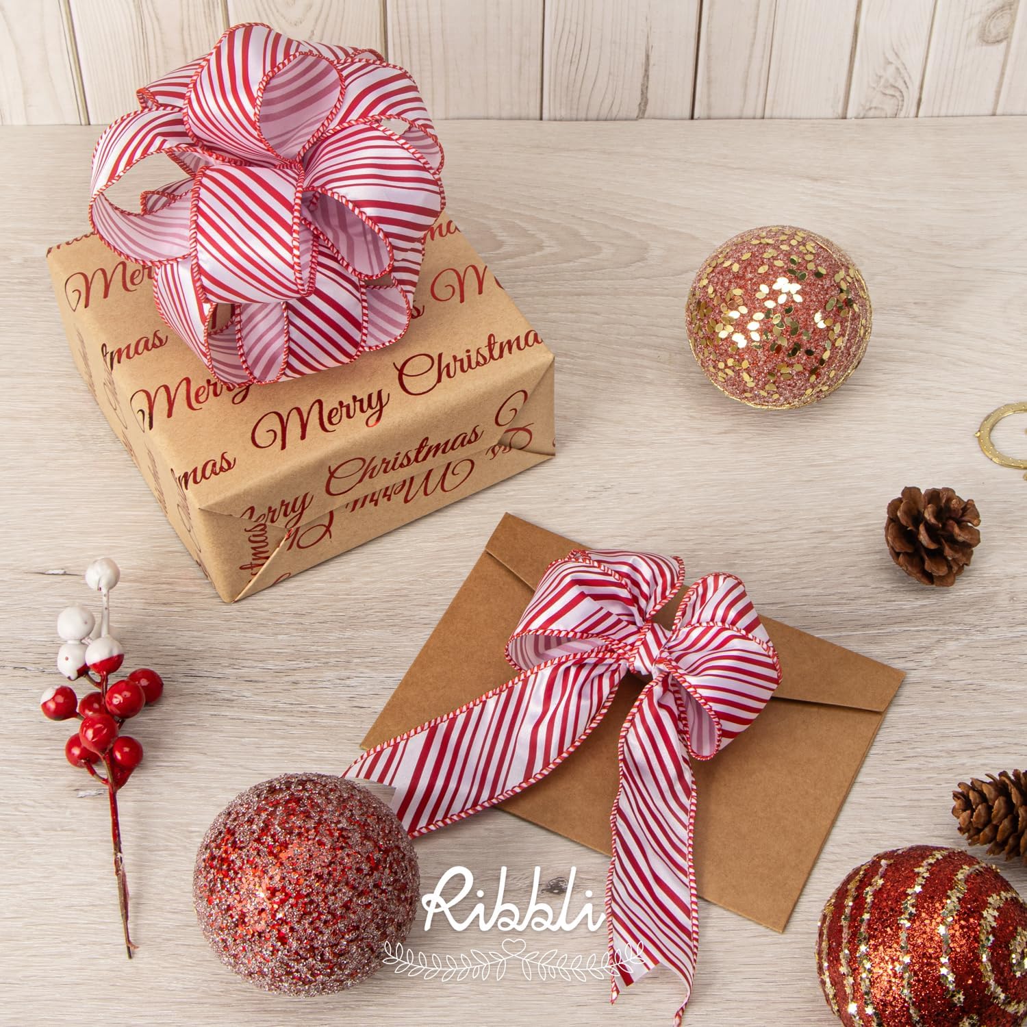 Ribbli Candy Cane Ribbon Red and White Stripe Wired Satin,1-1/2 Inch x Continuous 10 Yard,Peppermint Stripe Christmas Ribbon for Big Bow, Wreath,Tree Decoration, Outdoor Decoration (Pack of 2)