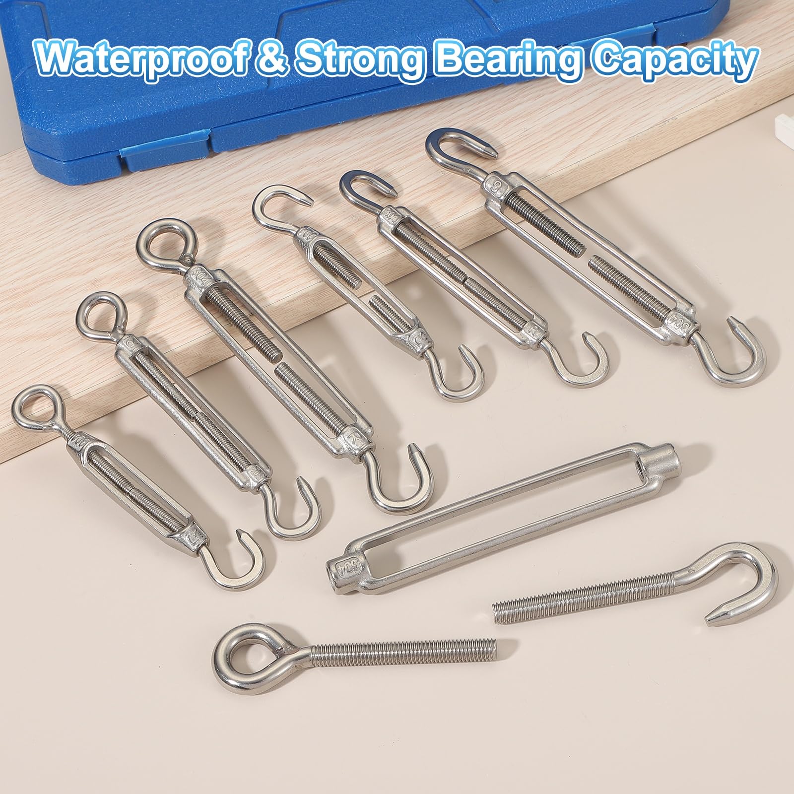 uxcell Lot de 4 tendeurs à crochet M8 en acier inoxydable 304, tendeurs réglables pour câbles, voile d'ombrage, corde à linge, tension de corde, argenté