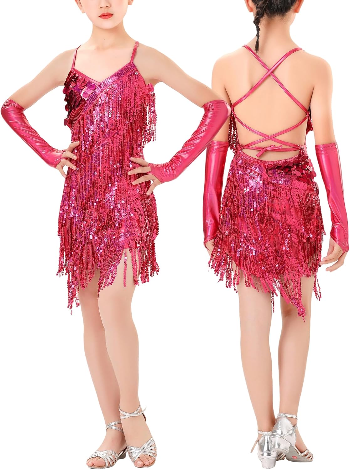 Happy Cherry Sequins Tassel Latin Dance Dress for Girls 1920s Flapper Cocktail Party Dresses Rumba Ballroom Costumes
