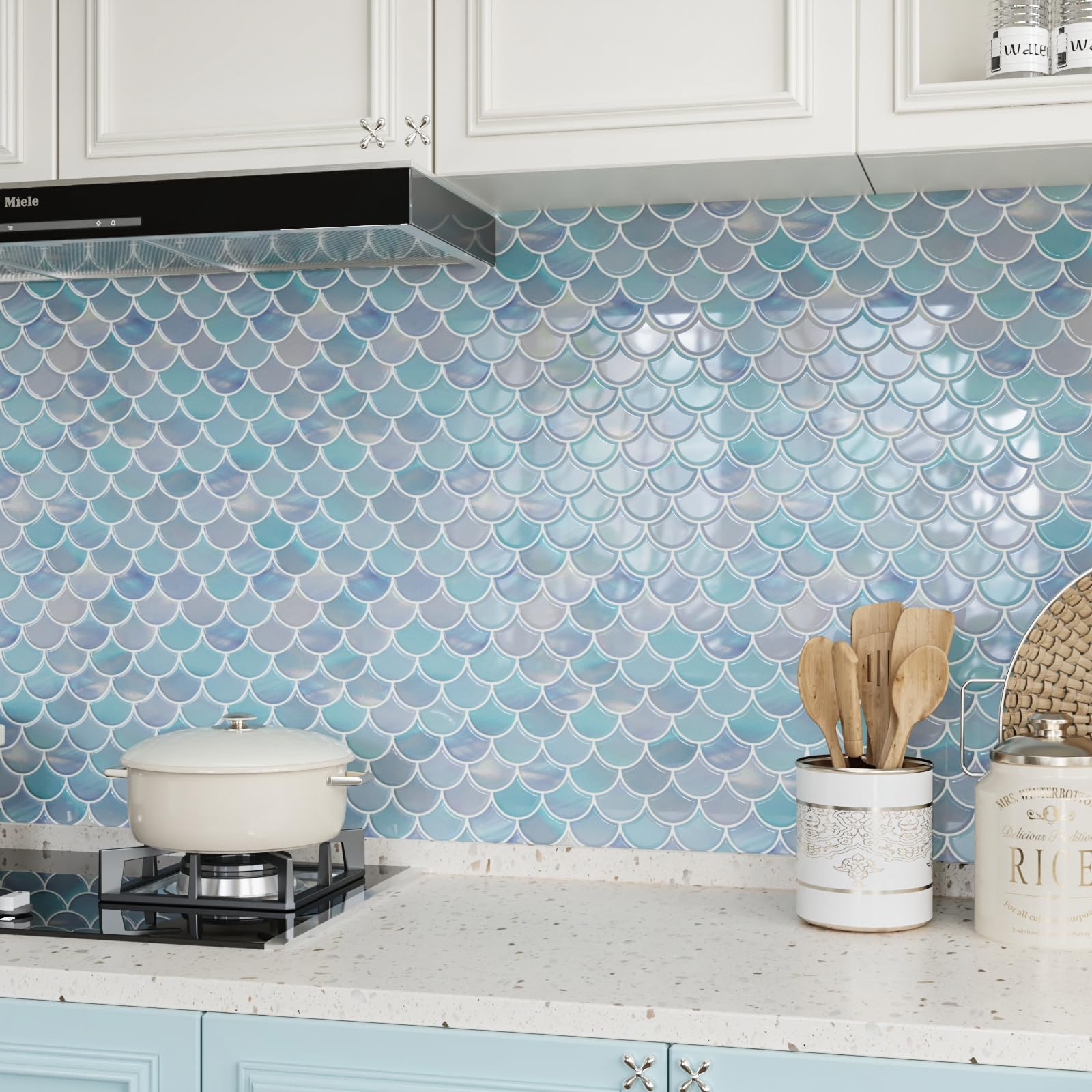 CRE8TIVE 16 Pezzi Piastrelle Adesive Cucina Blu Impermeabile Piastrelle Adesive Muro Viola Blu Forma di Ventaglio Mattonelle Adesive Bagno Mosaico Adesivo Paraschizzi Cucina Camino 30.5cm x 30.5cm