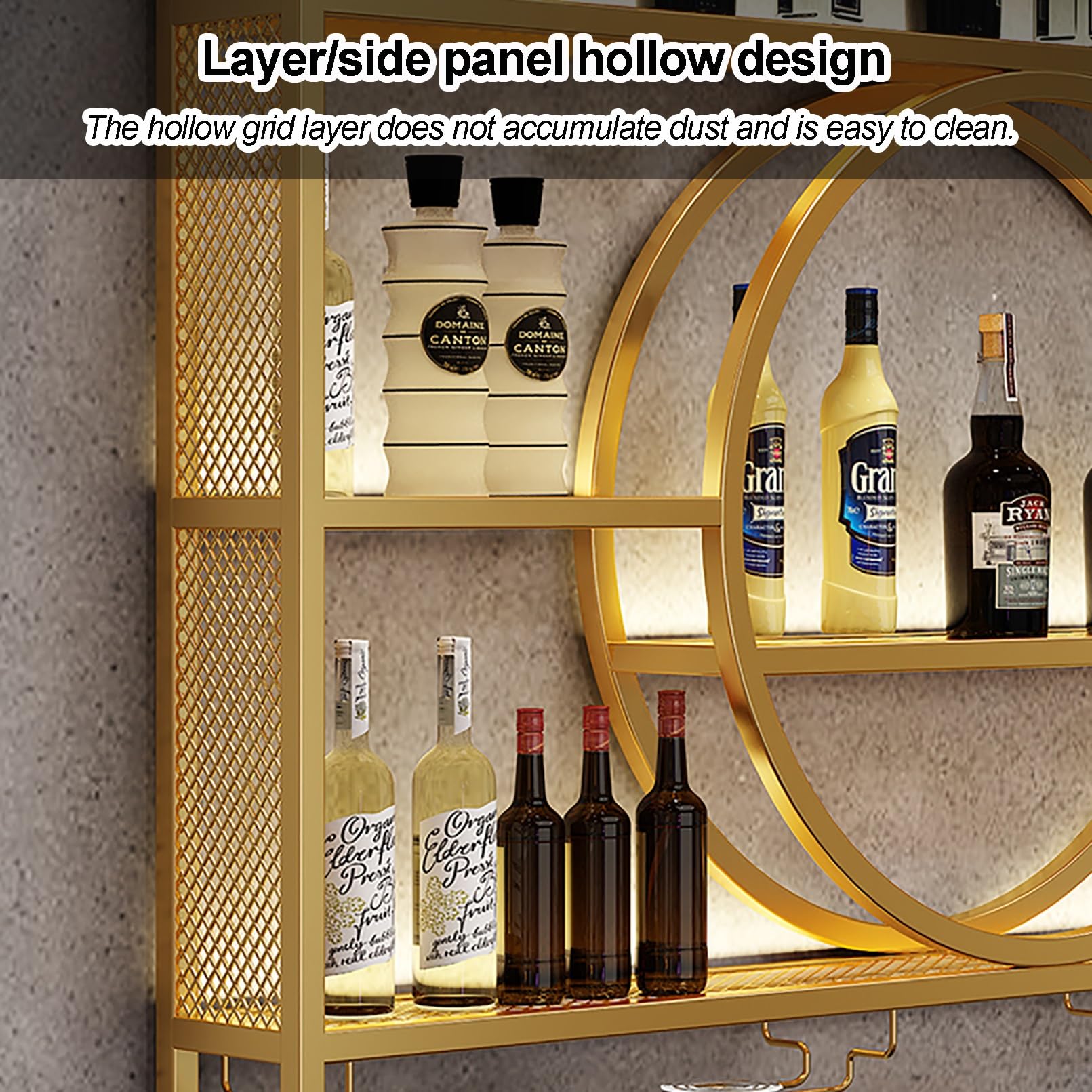 Metalowy stojak na wino montowany na ścianie z oświetleniem LED, nowoczesna półka ekspozycyjna na butelki z alkoholem z uchwytem na kieliszki do wina, pływające półki barowe, do domowego ba