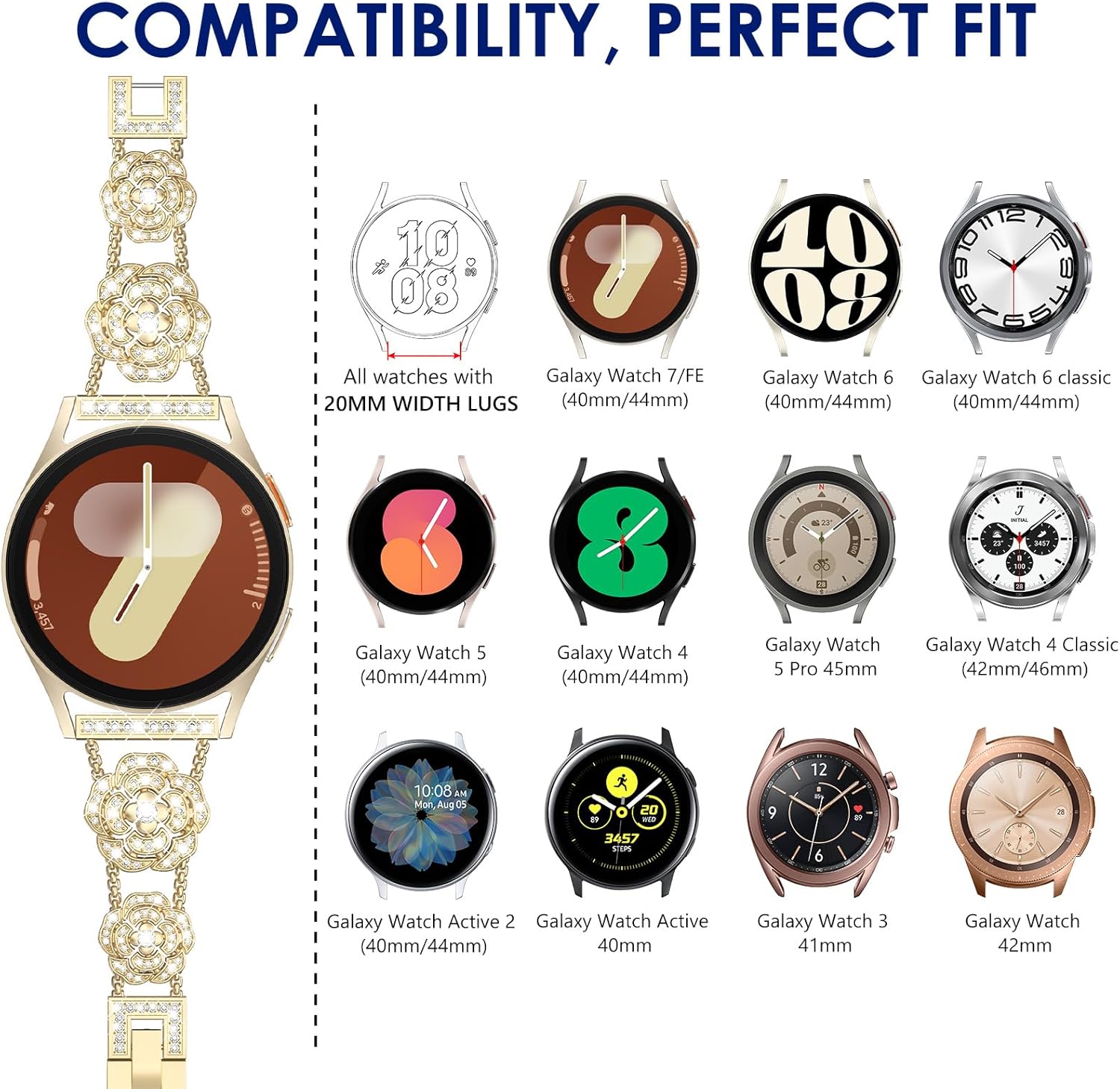 WINGLE for Galaxy Watch 8/8 Classic Band 40/44/46mm Galaxy Watch 7 6 5 4 FE Band 40mm 44mm Samsung Watch 5 Pro Bands 45mm, Women Bling Sparkling Diamond Bands for Watch 6/4 Classic 43mm 47mm 42mm 46mm - Image 3