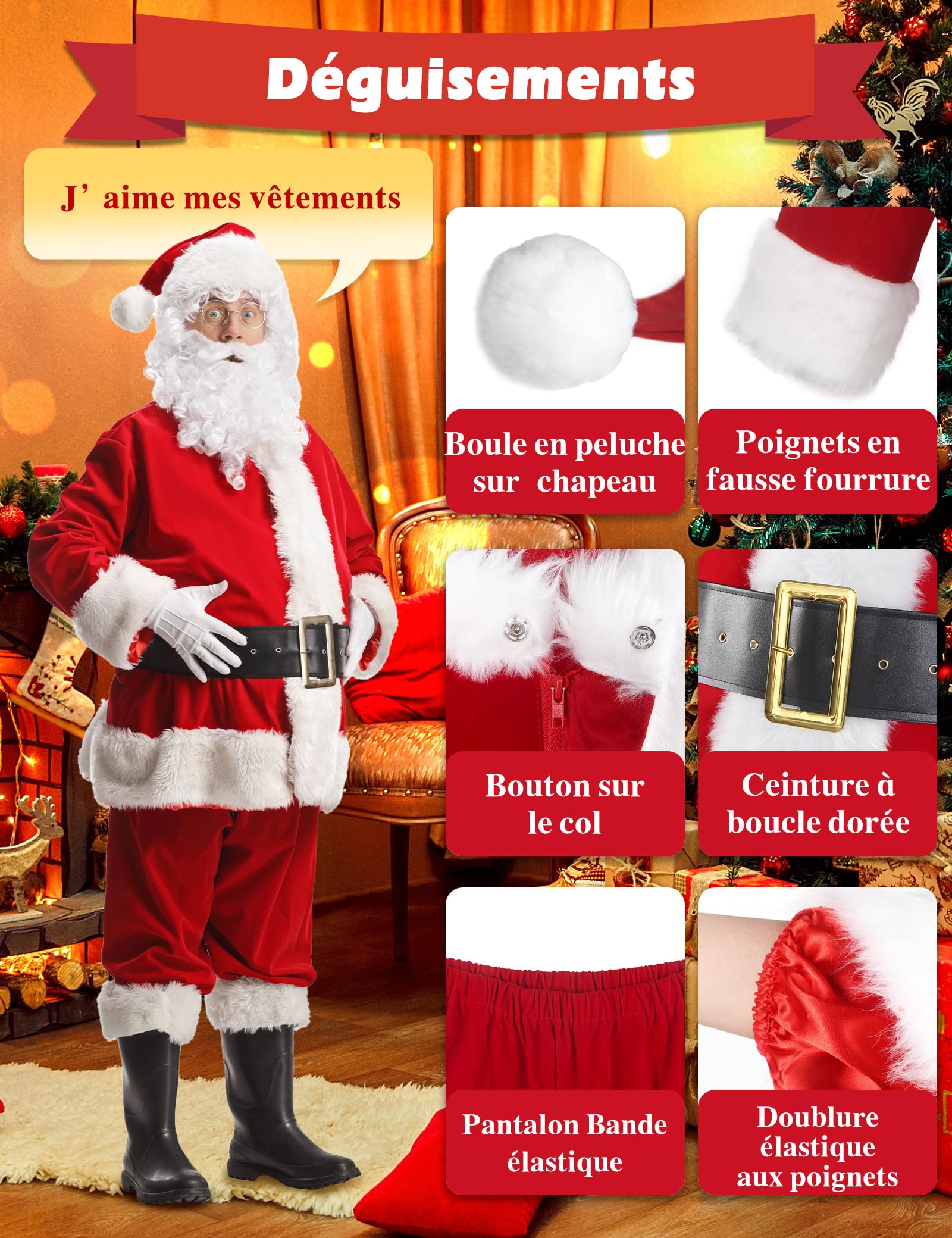 Costume de Père Noël pour Hommes Adulte 11 Pcs Deluxe Velours Costume Tenue Noël Père Deguisement Noël Vacances Party Cosplay