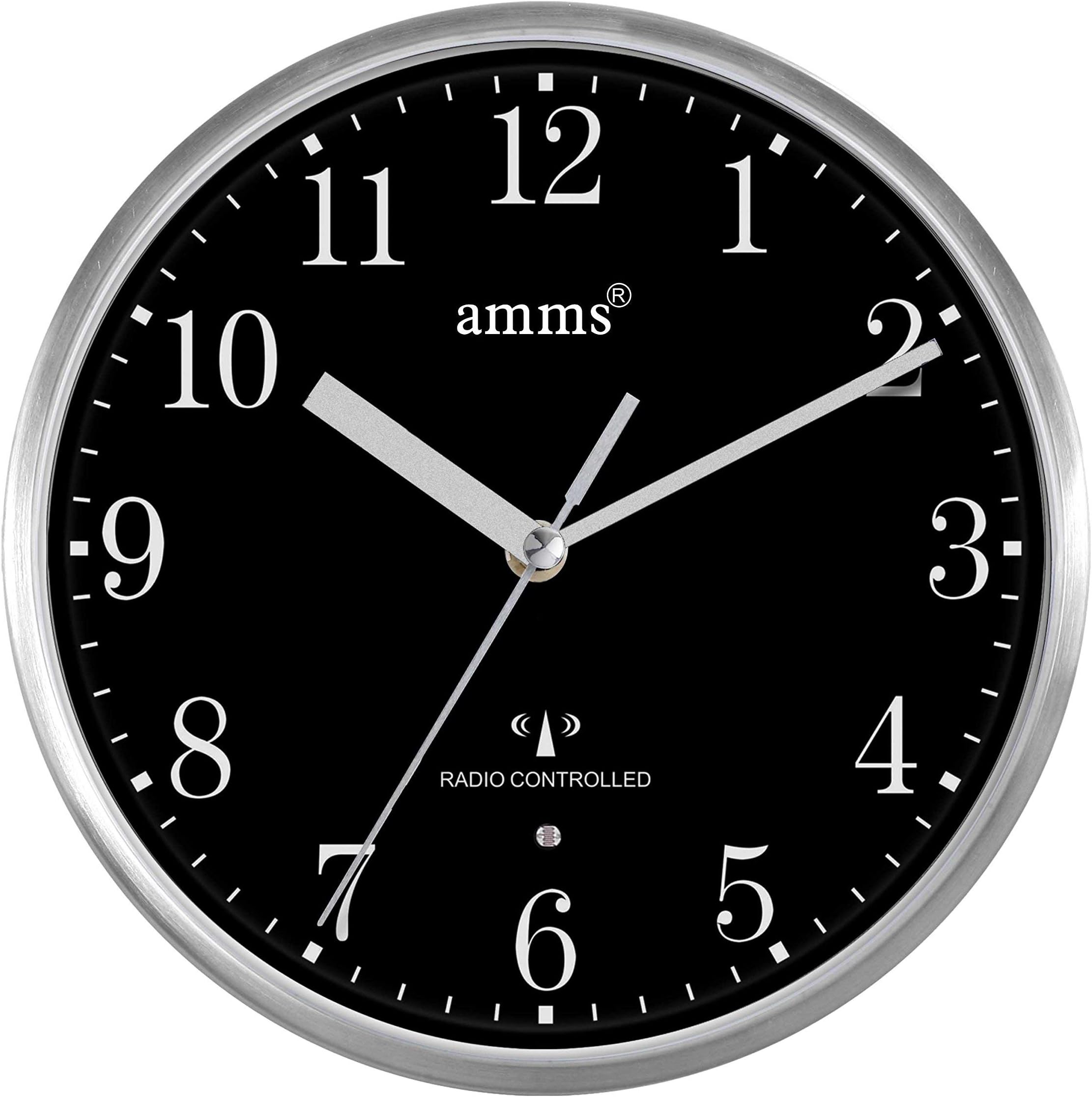 Compacted MSF Signal Radio Controlled Brushed Aluminium Metal Cased Black Dial Non Ticking Sweeping Seconds Quartz Wall Clock
