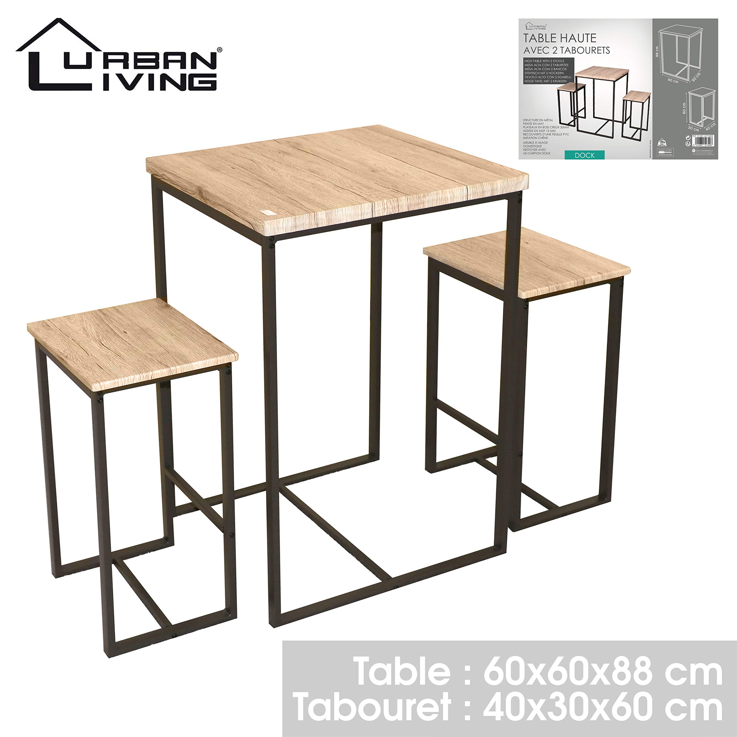 Urban Living Dock Table Haute avec 2 Tabourets 60x60xH88cm 40x30x60cm