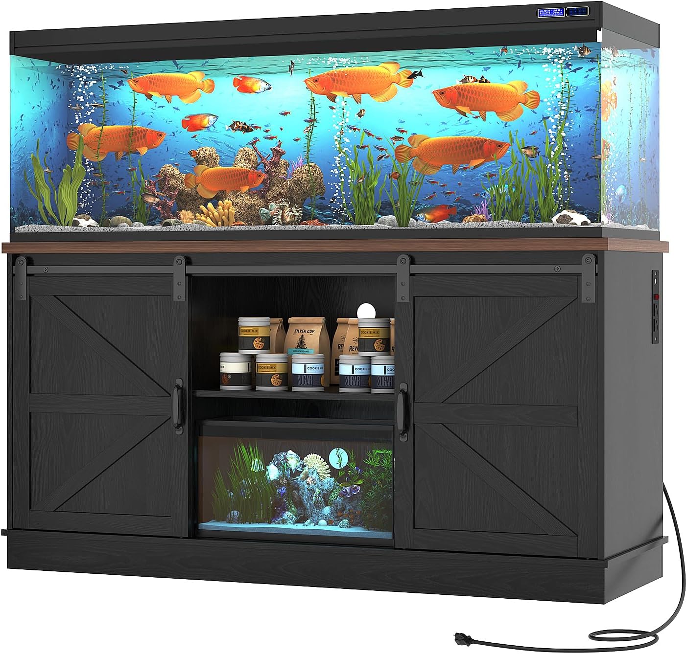 Hlivelood Farmhouse 75-120 Gallon Fish Tank Stand with Power Outlet, Aquarium Stand w/Cabinet&Sliding Barn Door, Heavy Duty Reptile Tank Stand for Fish/Turtle/Reptile Terrarium, 1000LB Capacity, Black