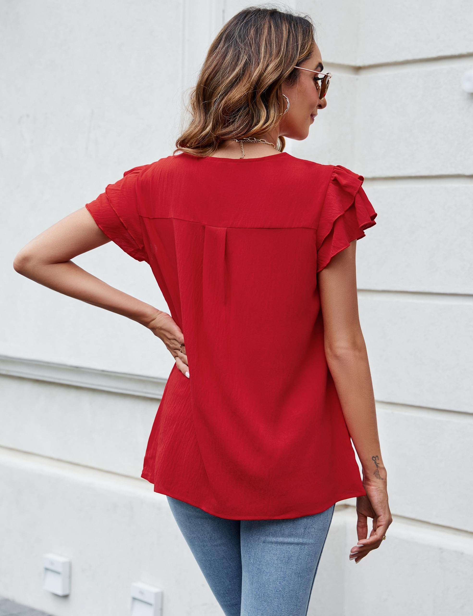 Camicetta da donna in chiffon, estiva, a maniche corte, con scollo a V, casual, elegante, da lavoro