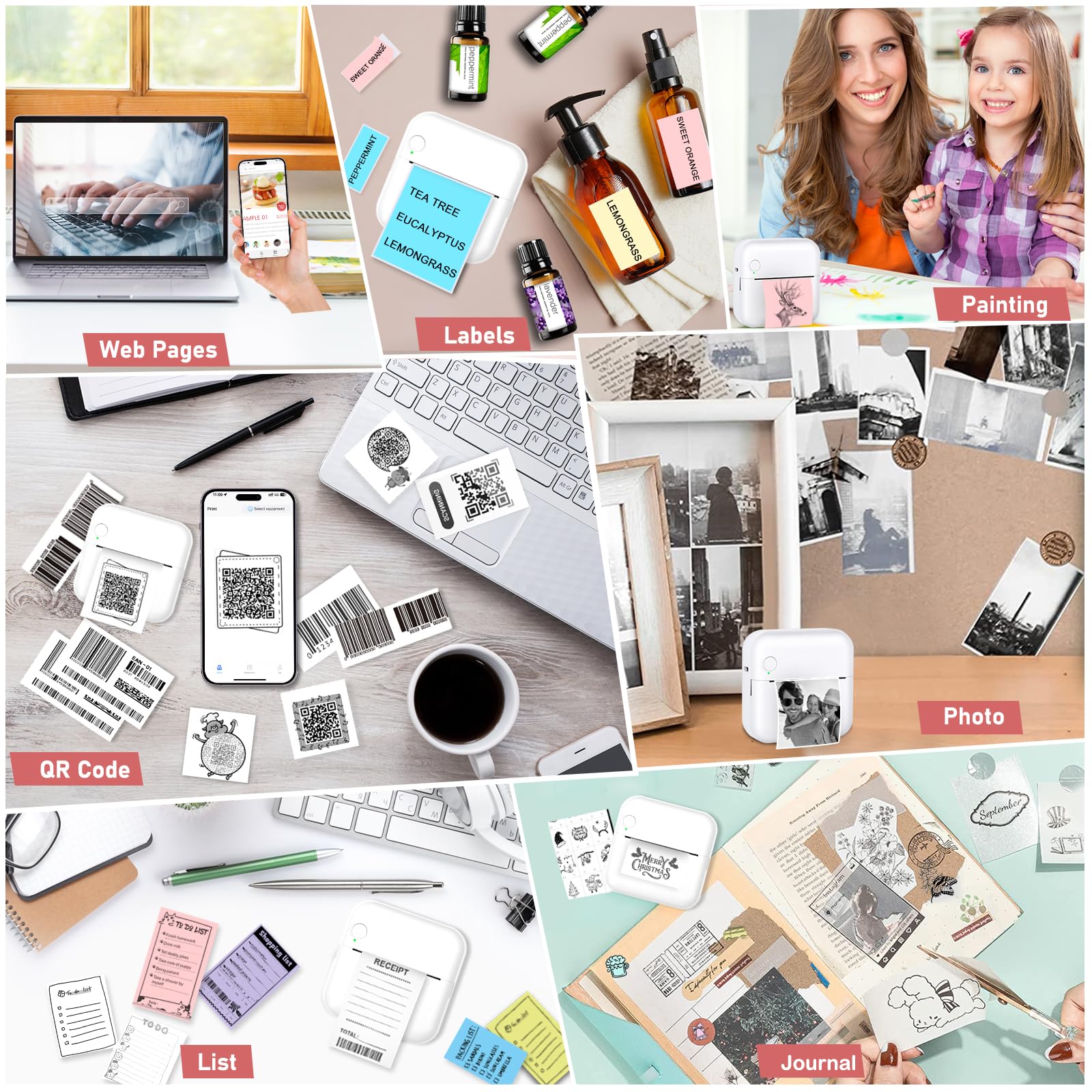 Mini stampante termica portatile Bluetooth tascabile con 10 rotoli di carta per diario/album fai da te/viaggio/appunti/elenchi/etichette/promemoria, stampante per ricevute per bambini, donne