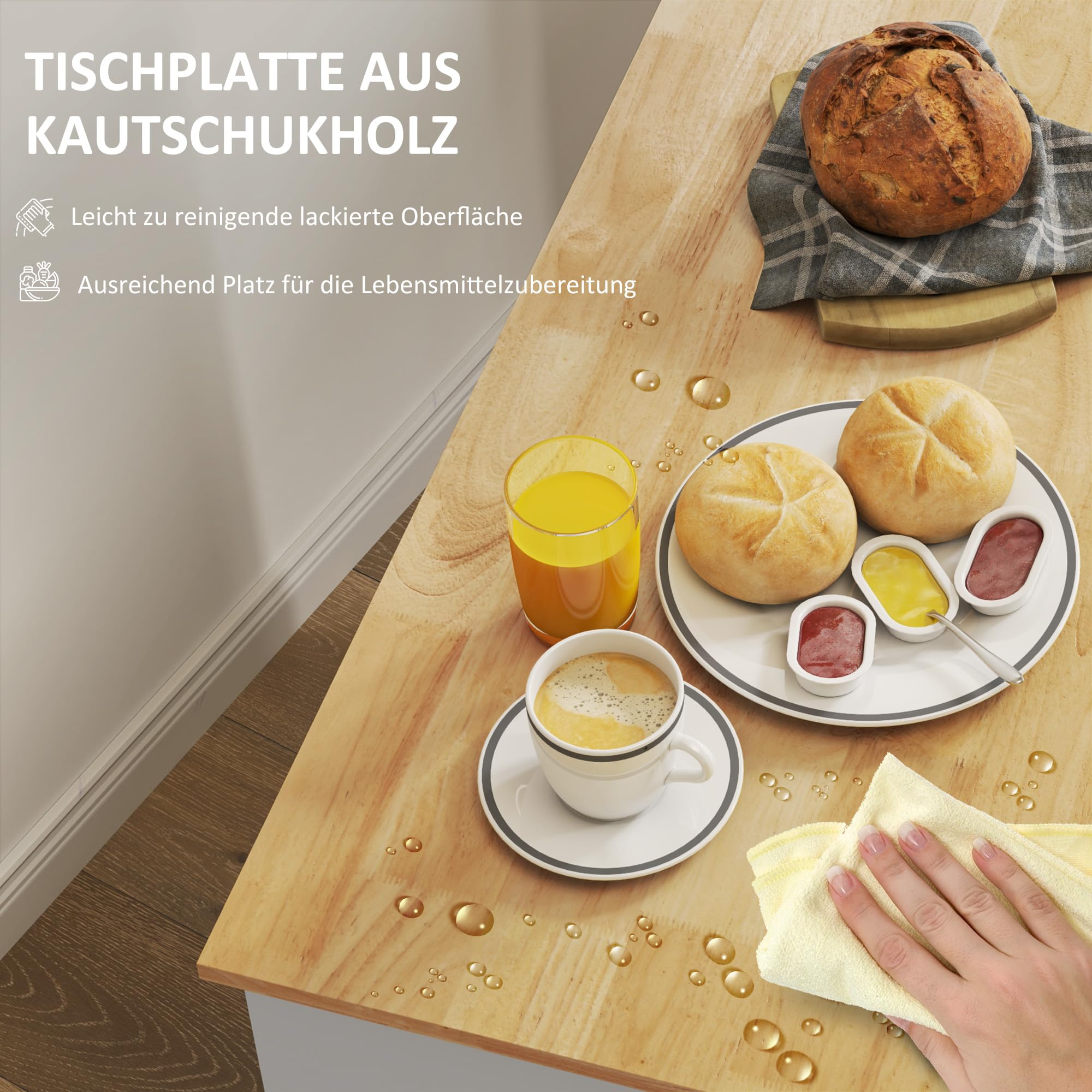 HOMCOM Küchenwagen mit Arbeitsplatte Schubladen Griff 107x50x85cm Eiche