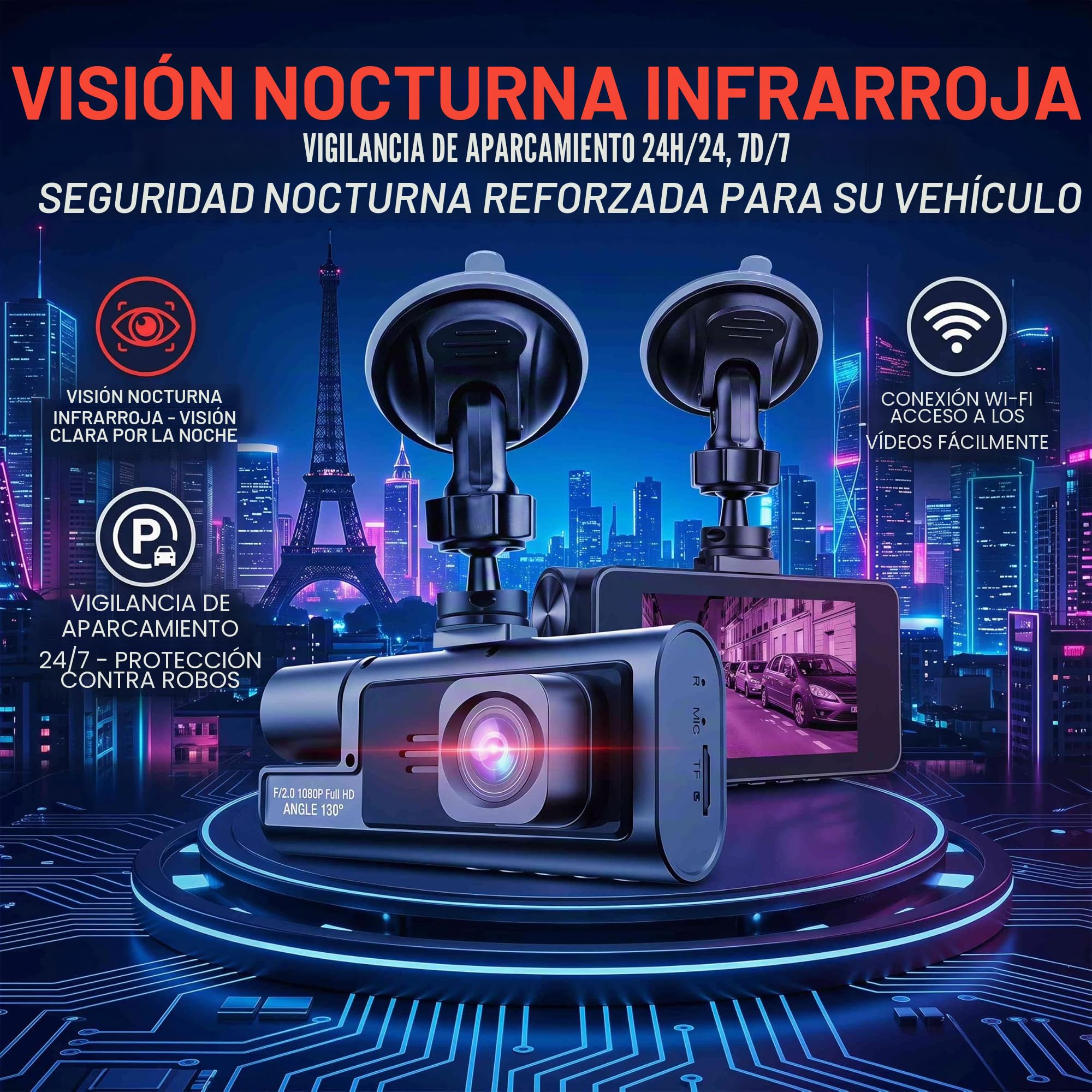 Cámara Dashcam de 3 cámaras 1080P Full HD | Máxima seguridad 360° sin Ángulo Muerto, Visión Nocturna y estacionamiento vigilado, WiFi integrado detección de Movimiento, Ideal para Conductores VTC y