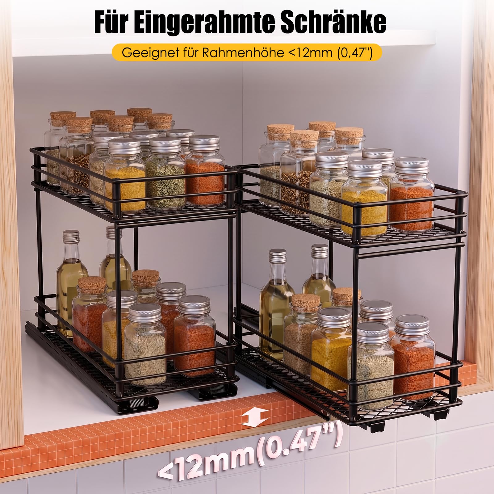 EasyVibe Ewürzregal Ausziehbar für Küchenschrank, 2 Stück, 15cm Breit Gewürzregal Ausziehbar Schrank, Gewürzregal Herausziehen Organizer, Küchenschrank Regal