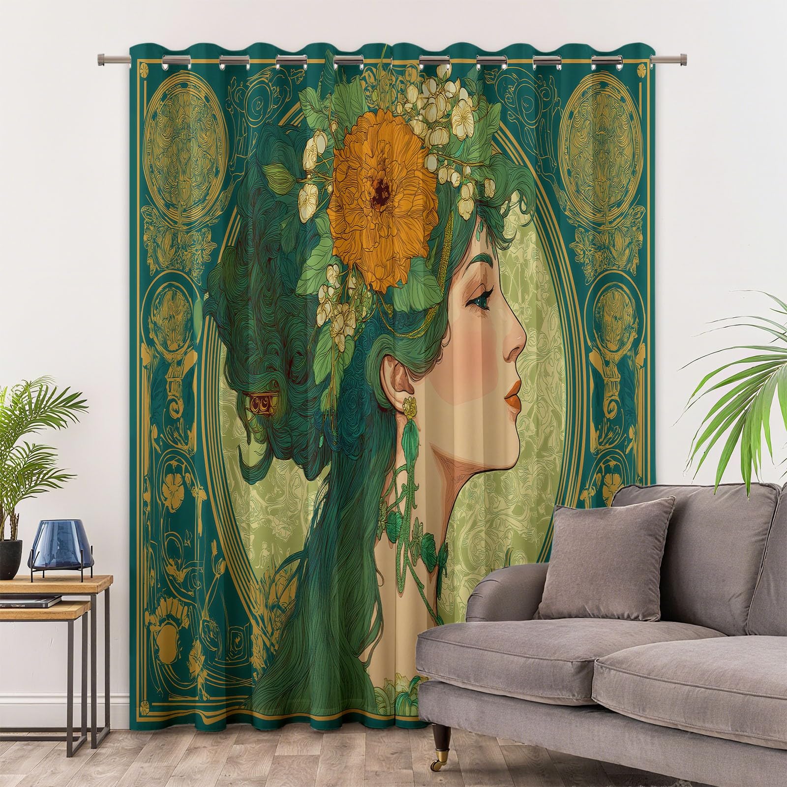 Rideau Occultant Thermiques Enfant Style Art Nouveau Belle Femme 110 x 215 cm Lot de 2 Rideaux Imprimé pour Salon Chambre Fenetre Cuisine Décoration, Rideaux et Draperies Intérieurs à Oeillets, Vert
