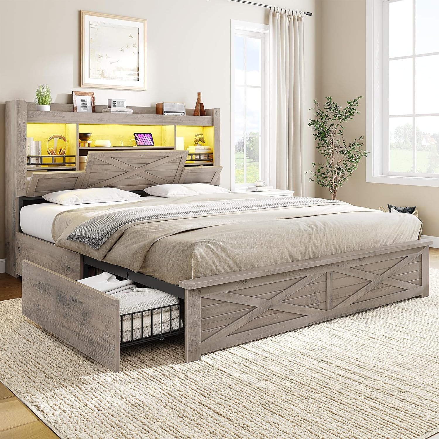 VIAGDO Farmhouse Queen Bed Frame with Flip-Down Bookcase Storage Headboard and 4 Drawers, Rustic Wood Platform Bed Frame Queen Size with Charging Station and LED Lights, No Box Spring Needed, Grey