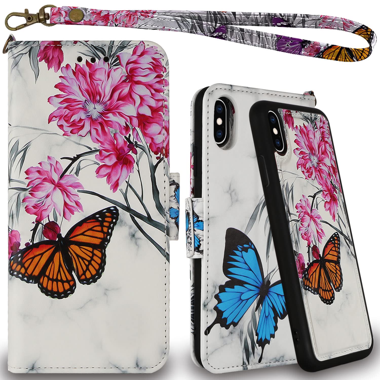Mefon iPhone X Xs Detachable Leather Wallet Phone Case with Tempered Glass and Wrist Strap, Support Wireless Charging, Durable Slim, Luxury Magnetic Flip Folio Cases for Apple iPhone 10 (Bloom Marble)