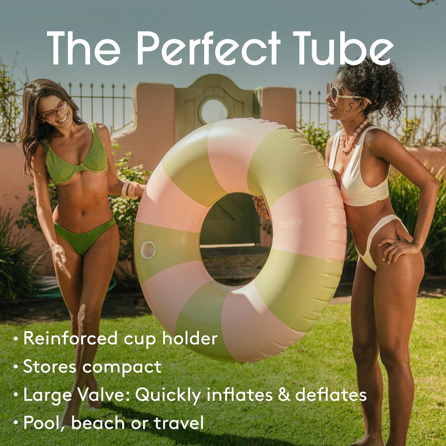 FUNBOY Giant Pink & Green Stripe Inflatable Pool Float with Cup Holder, 48" Adult Inner Tube Swim Ring Pool Lounger