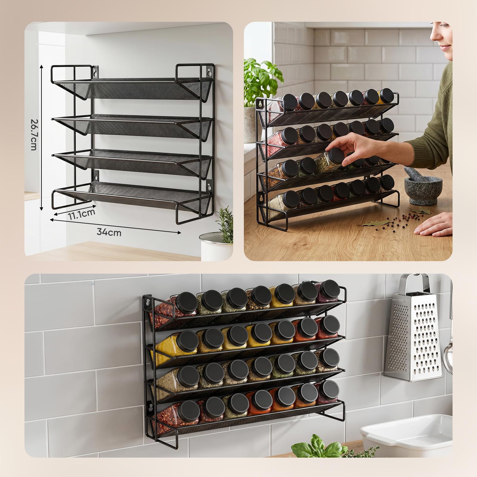 Set portaspezie con barattoli, 4 ripiani, 28 pezzi, in metallo nero, organizer da cucina con 420 etichette per spezie, imbuto e spazzola, sistema salvaspazio per spezie ed erbe