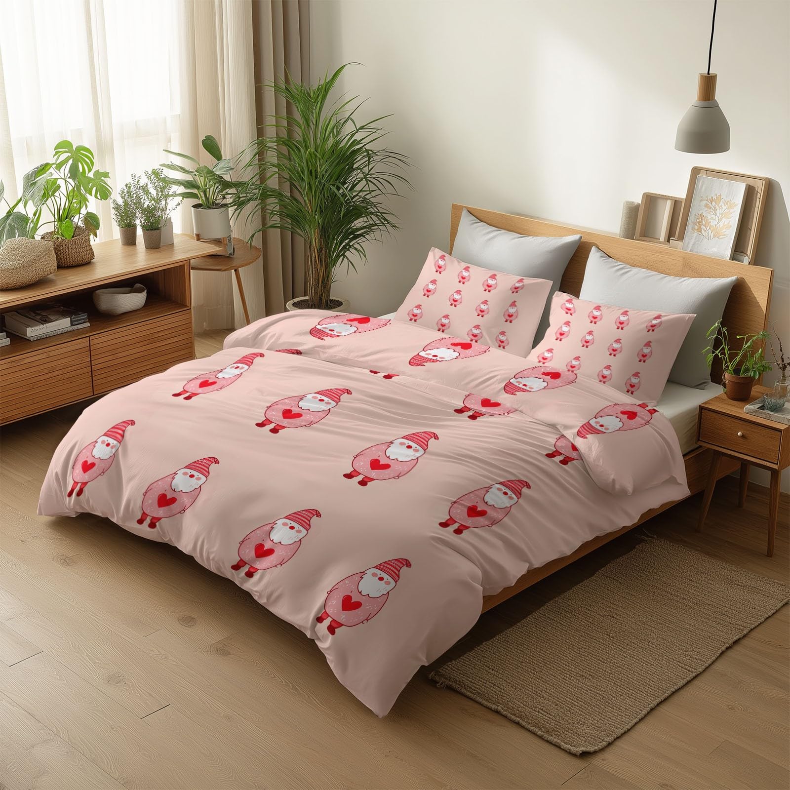 Generico Święty Mikołaj z kreskówek 3-częściowy zestaw poszewek na kołdrę z nadrukiem, 1 x poszwa na kołdrę 220 x 240 cm i 2 x poszewki na poduszki 50 x 80 cm, jasnoróżowa miękka pościel z mikrofibry