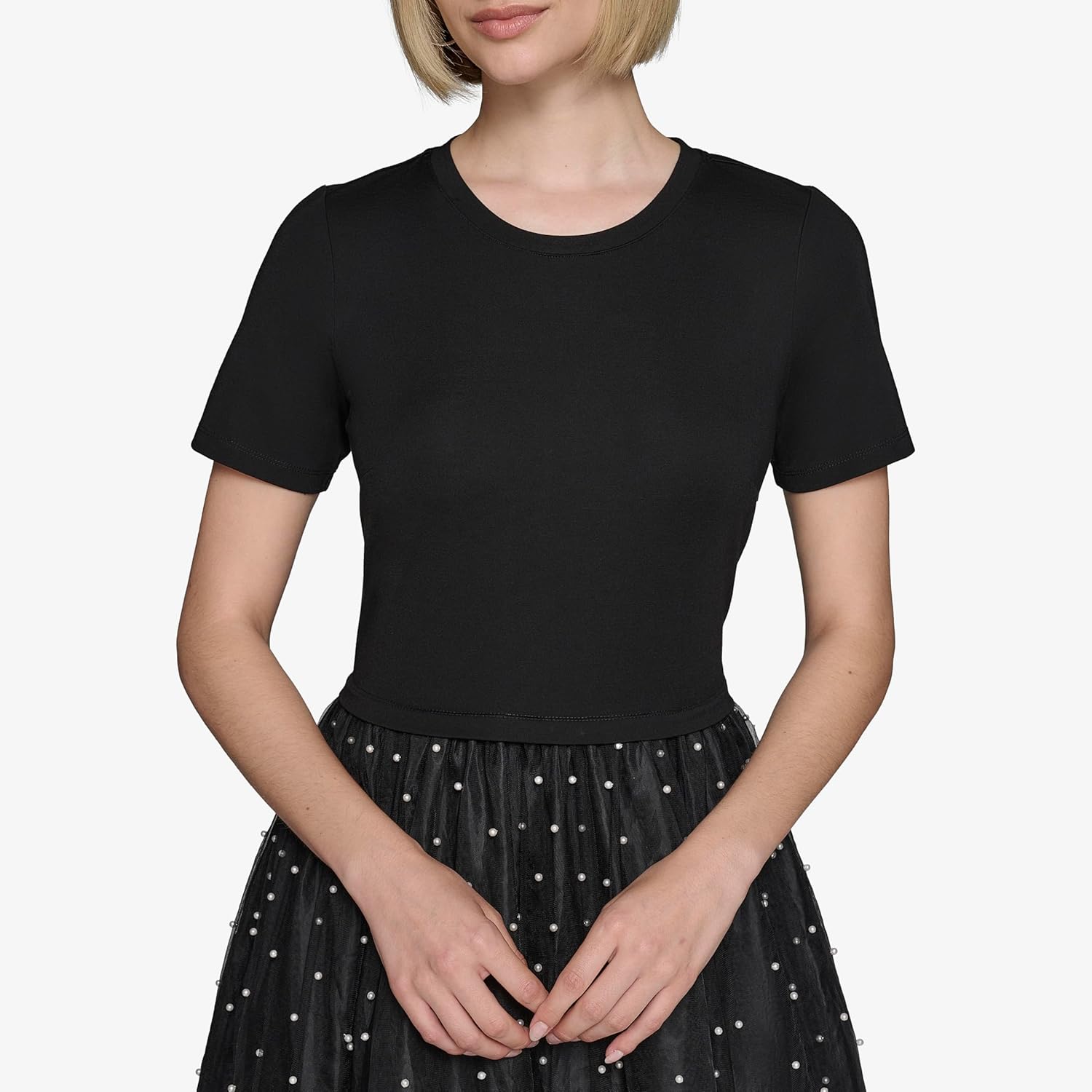 KARL LAGERFELD Womens Pearl Mesh Short Sleeve Round Neck Midi Dress - Image 6