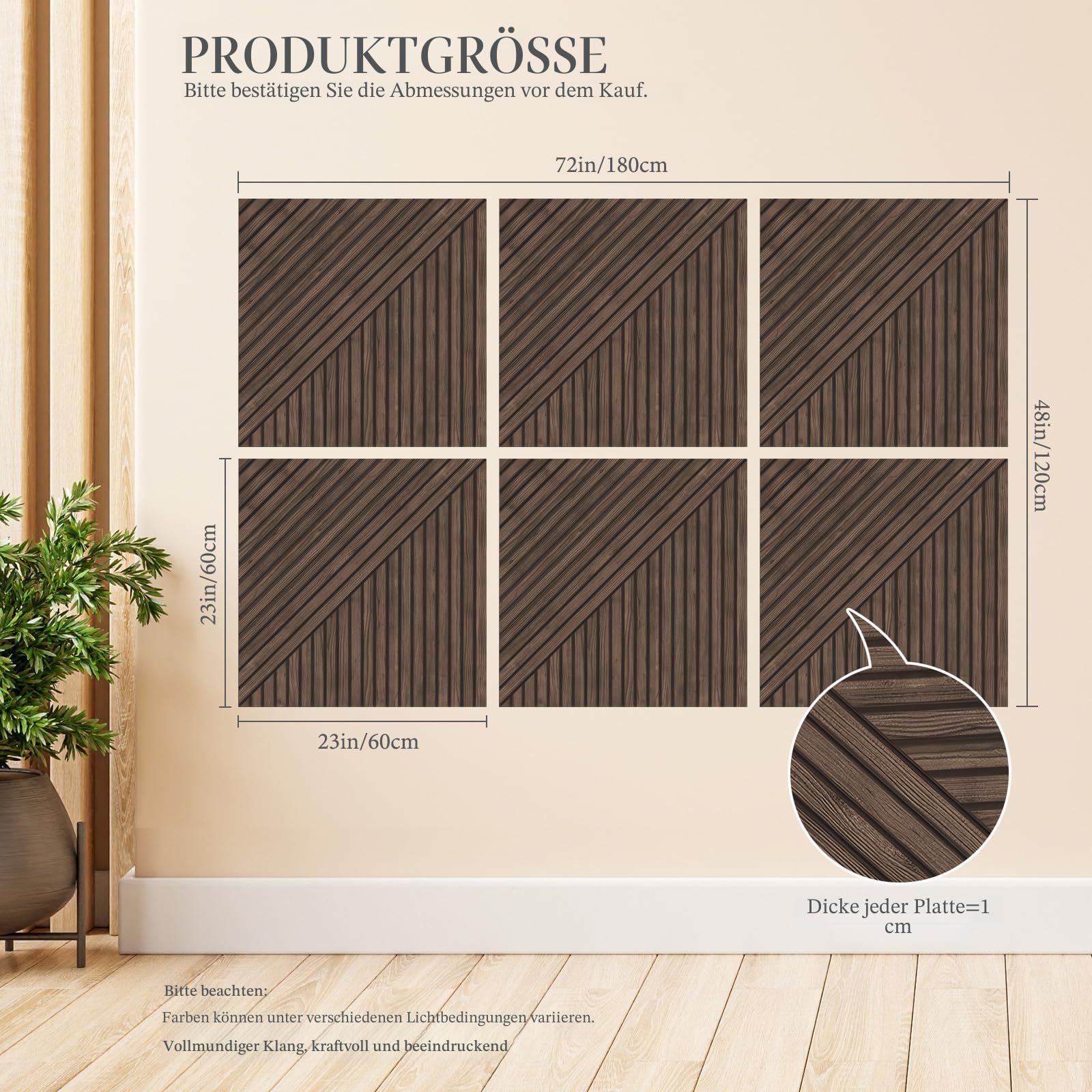 JBER Akustikpaneele, 6 Stück, selbstklebende dekorative Schallschutzplatten, schallabsorbierende Wandpaneele für Büro, Aufnahmestudio, Wohnzimmer, Schlafzimmer, 180 x 120 cm, dunkles Walnussholz