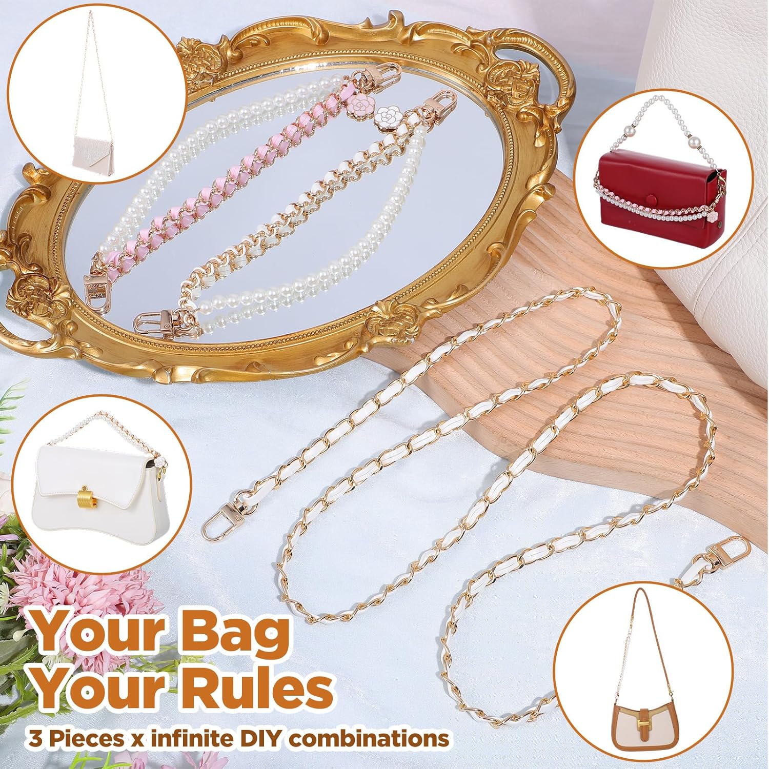 3 Pcs Purse Extender Chain, Metal Pearl Handbag Straps Charms, Thin Shoulder Crossbody Bags Replacement Charms for Women Wallet Accessories - Image 3