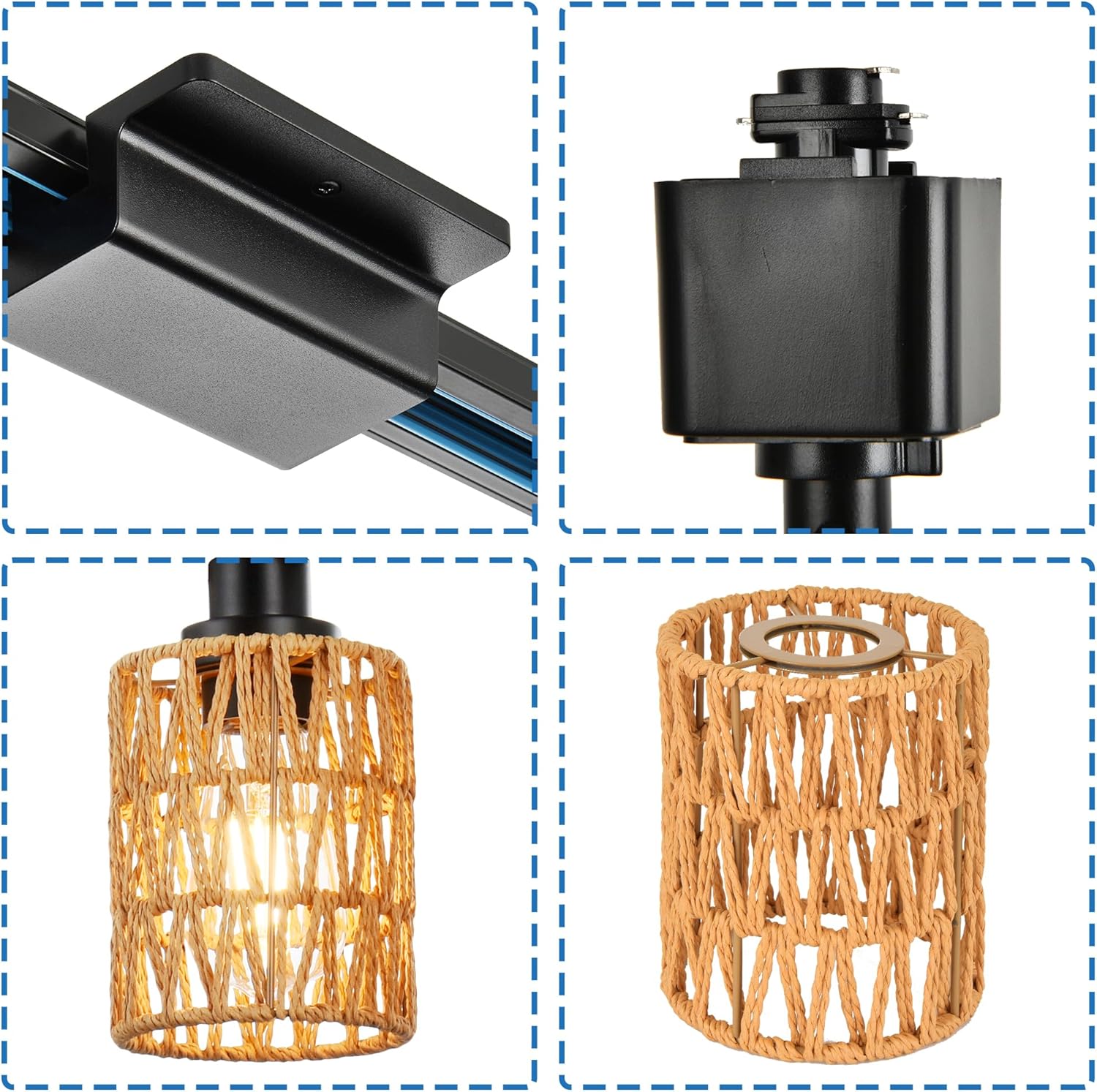 MELUCEE 4 Packs H-Type Track Hanging Light, 5 Light Farmhouse Bathroom Light Fixtures Rattan Wall Sconce