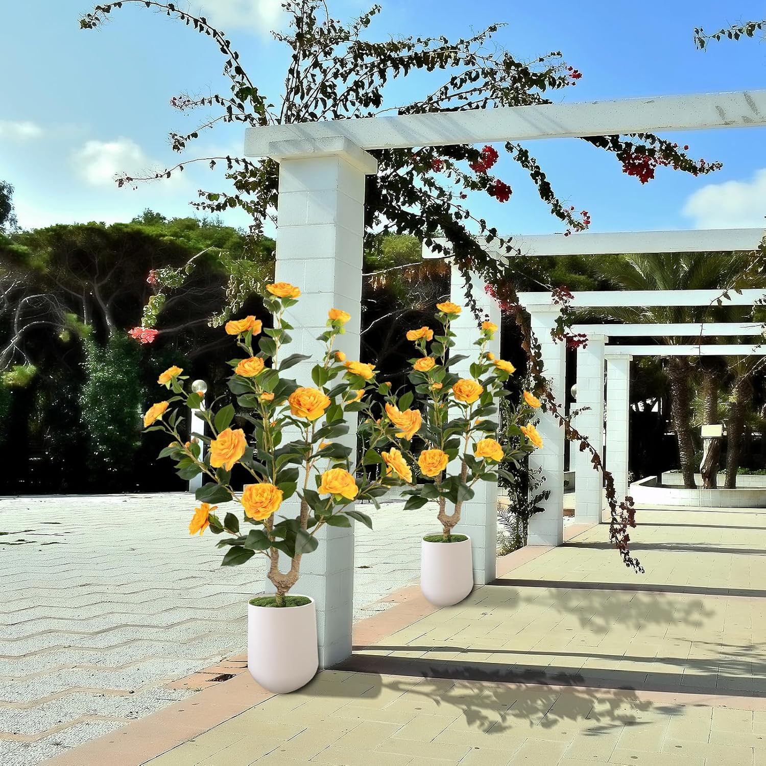 Artificial Camellia Tree 2 Pack - Realistic Camellia Plants in Pot with Orange Flowers, Lifelike Faux Greenery for Living Room, Patio, or Wedding, Orange