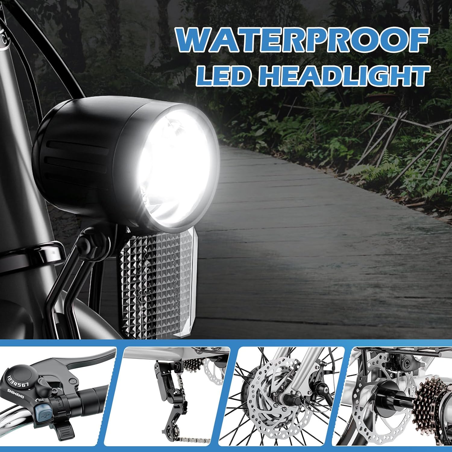 MOONCOOL Electric Tricycle headlight, derailleur, and disc brake components