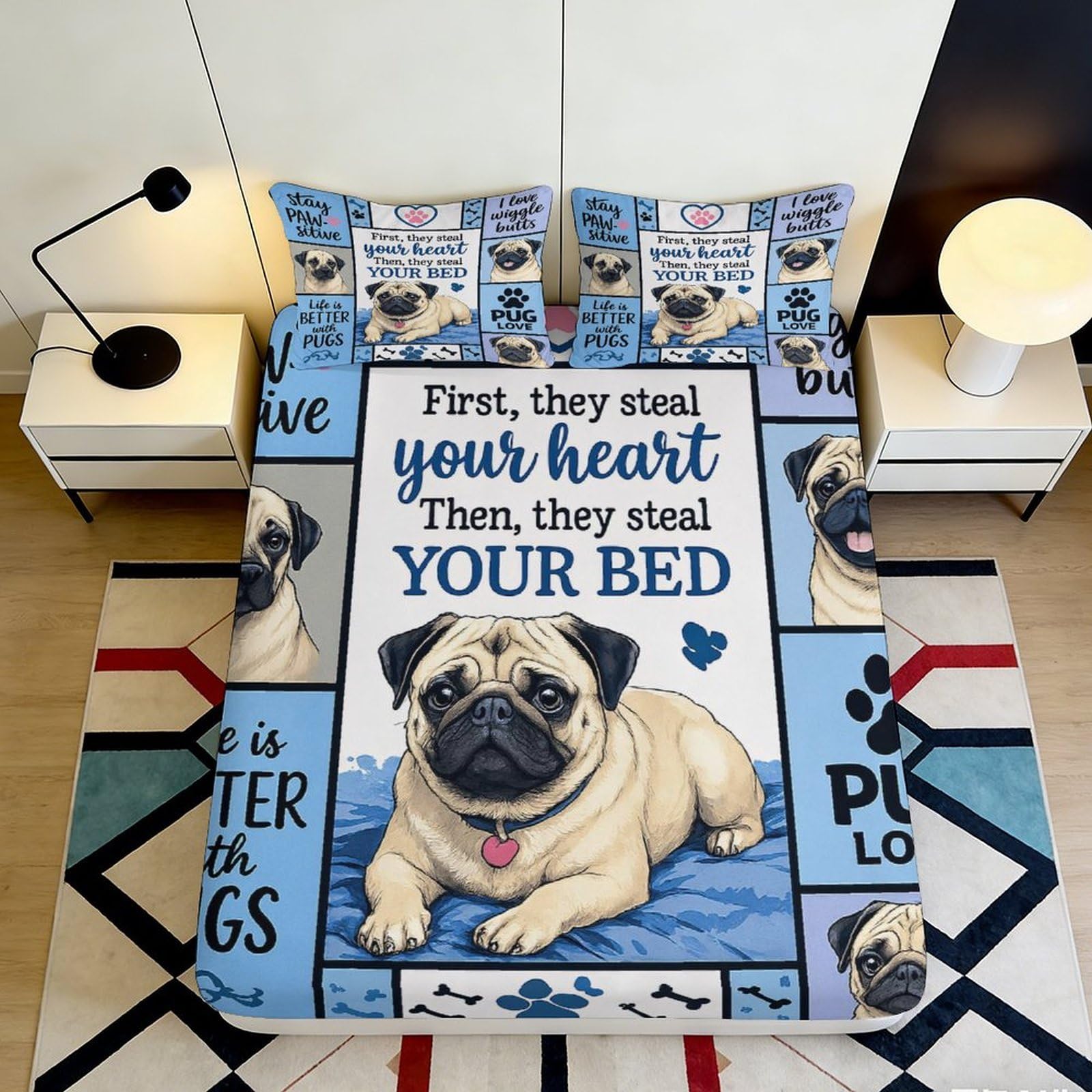 3D Printed Lively Pug Cartoon Fitted Sheet Microfiber Soft Blue Bed Cover for Bedroom Dorm Room Mattress Decor 90x200x25cm