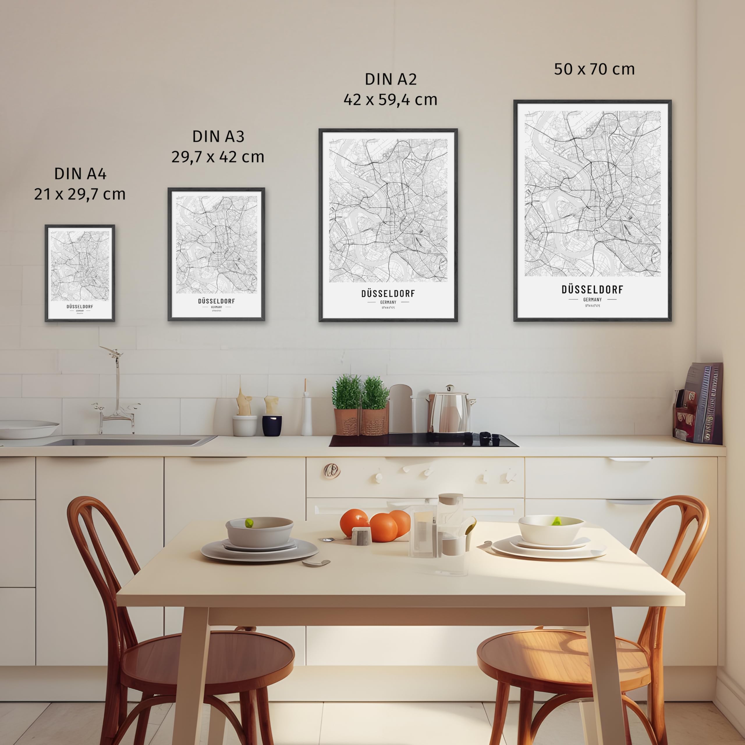 JUNOMI® Düsseldorf Poster DIN A2 mit Rahmen Schwarz, DIN A2 Wohnzimmer Deko, Modernes Wandbild, Düsseldorf Bild, Wandbild mit Rahmen, Stadtplan Poster Düsseldorf, perfekte Geschenkidee