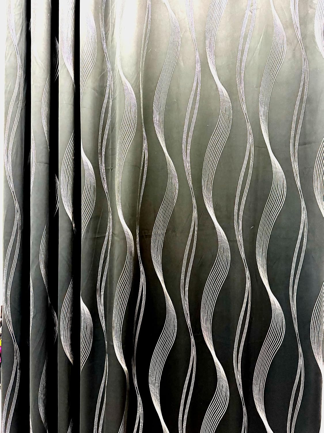 Ikiriska Extra Long Curtains 7-20 ft Long with Silver Curved Lines. 80% Blackout Drapes. (1 Panel) Custom Made (Off White with Silver)
